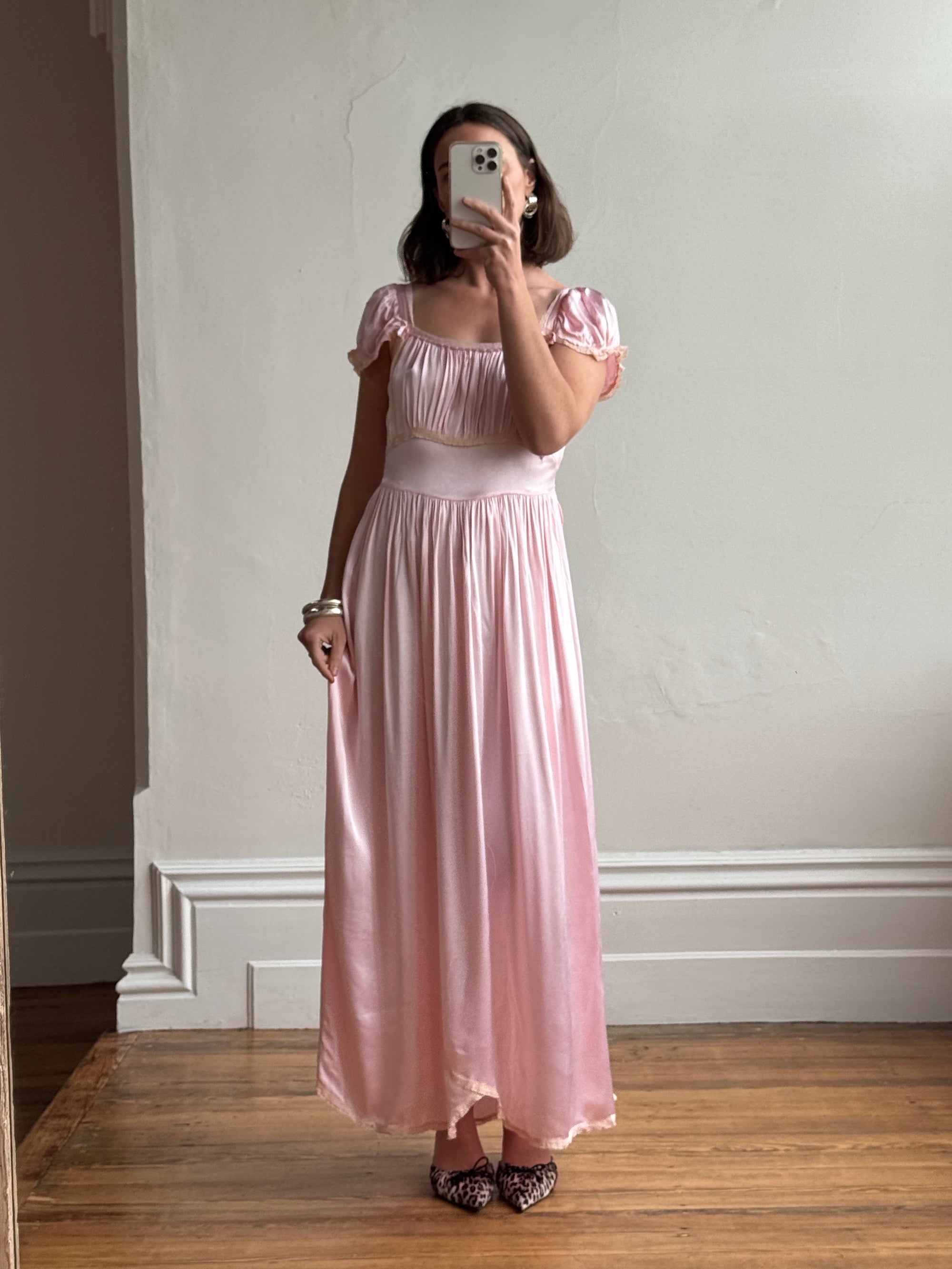 Vintage 30s Baby Pink Liquid Satin Slip with Creme Lace Trim