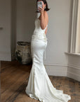 Vintage 90s Couture Satin Lace Up Fishtail Wedding Dress