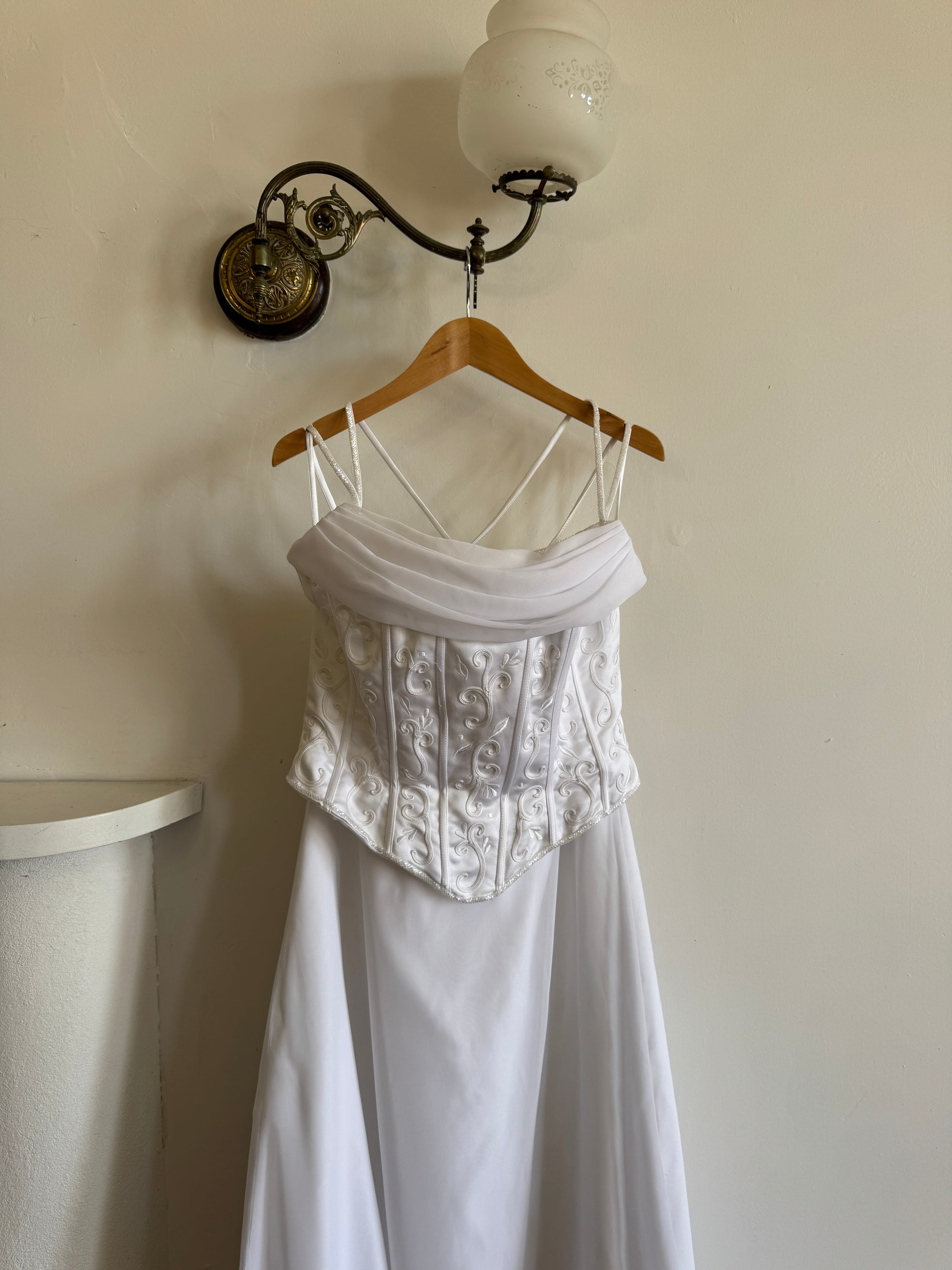 Vintage 90s Embroidered Corset Cowl Neck Wedding Dress