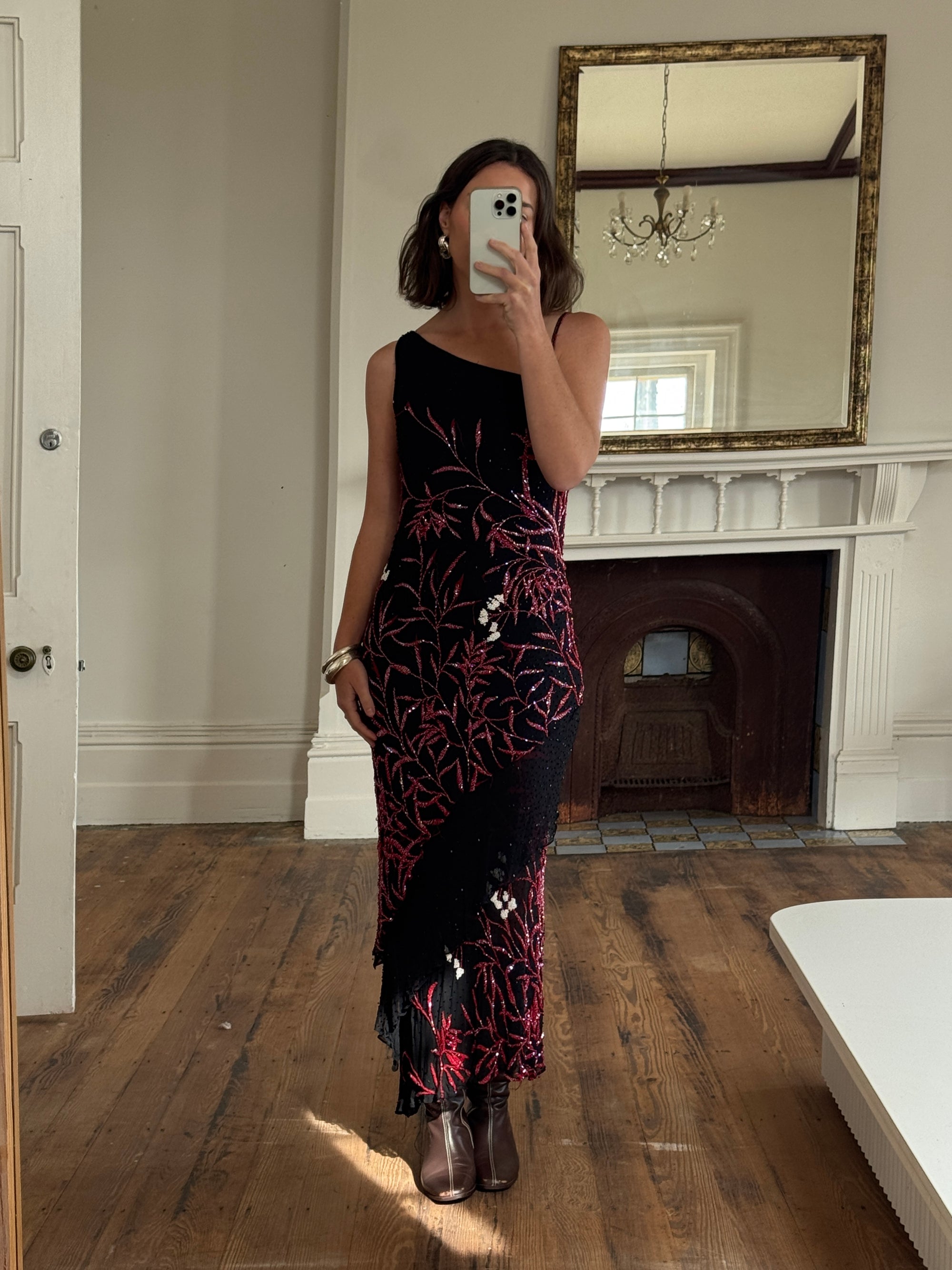 Vintage 90s Beaded Asymmetrical Evening Dress Red Vine