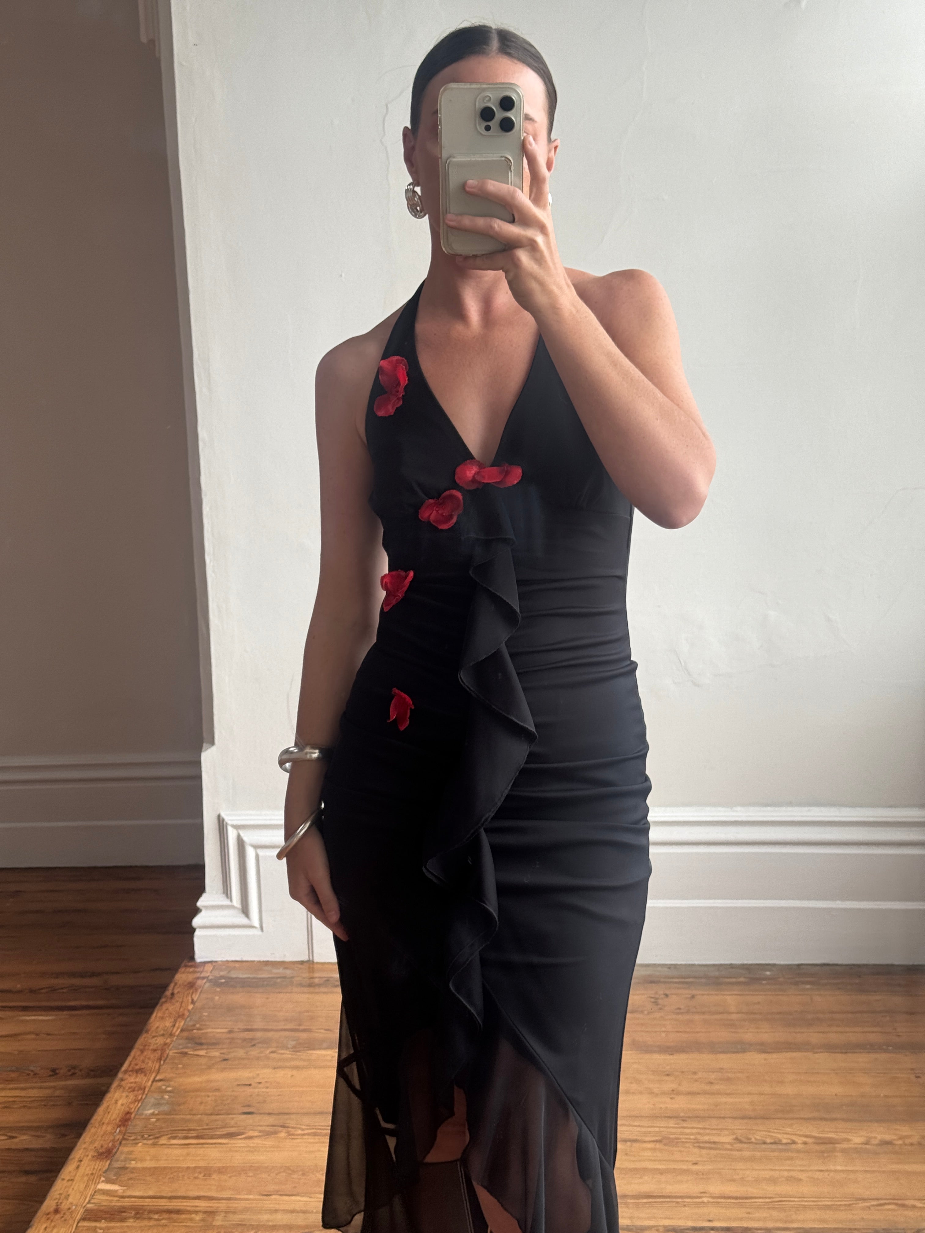 Vintage 90s Halter Rose Fairy Dress Noir