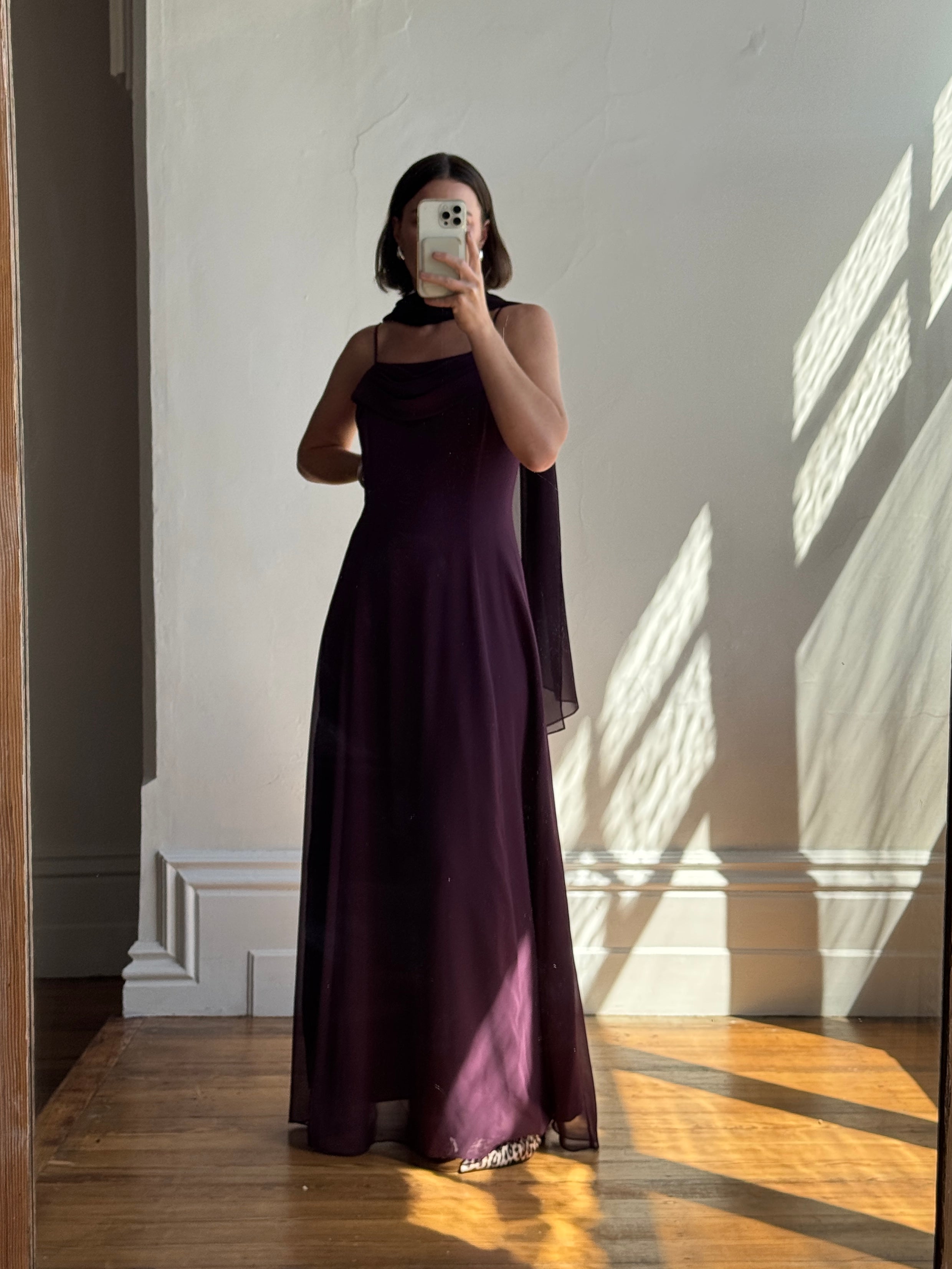 Vintage 90s Eggplant Cowl Neck Dress With Scarf