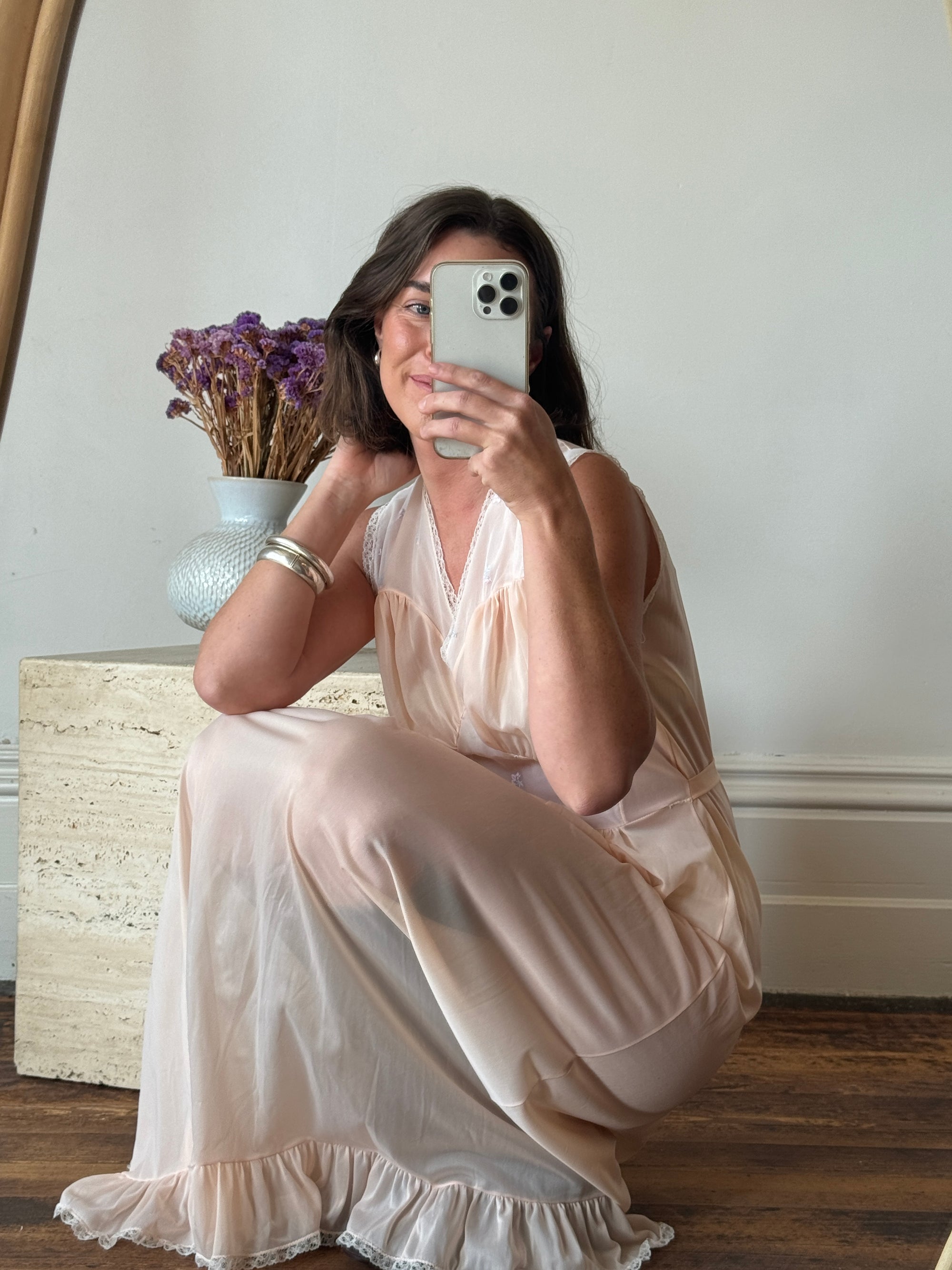 Vintage Apricot and Blue Petite Floral Maxi Dress