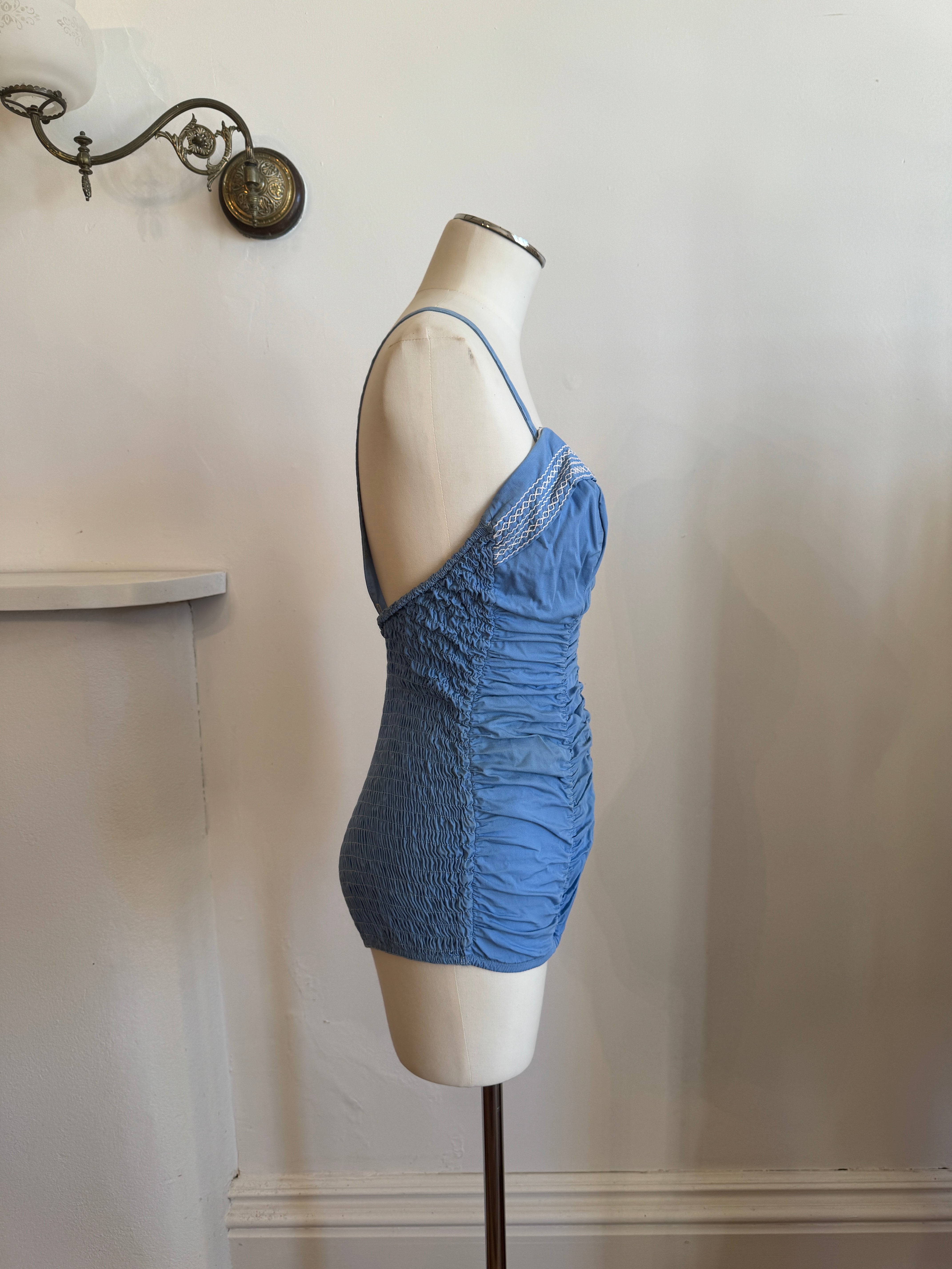 Vintage 1960s Cornflower Blue Ruched Swimsuit