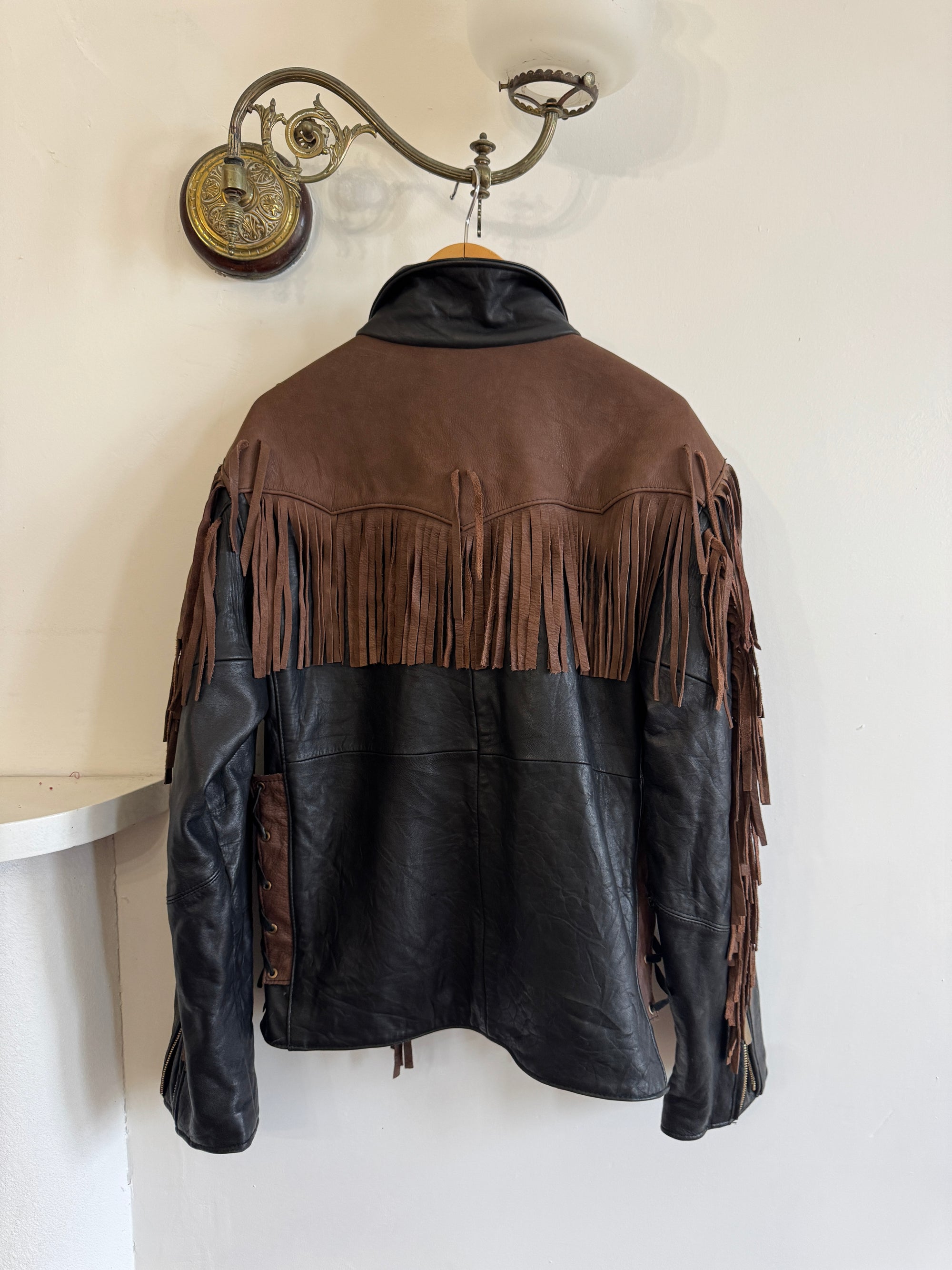 Vintage 70s Fringed Lace Up Leather Jacket Chocolate Noir