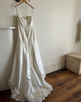 Vintage Y2K Strapless Satin Wedding Gown with Ruffled Train