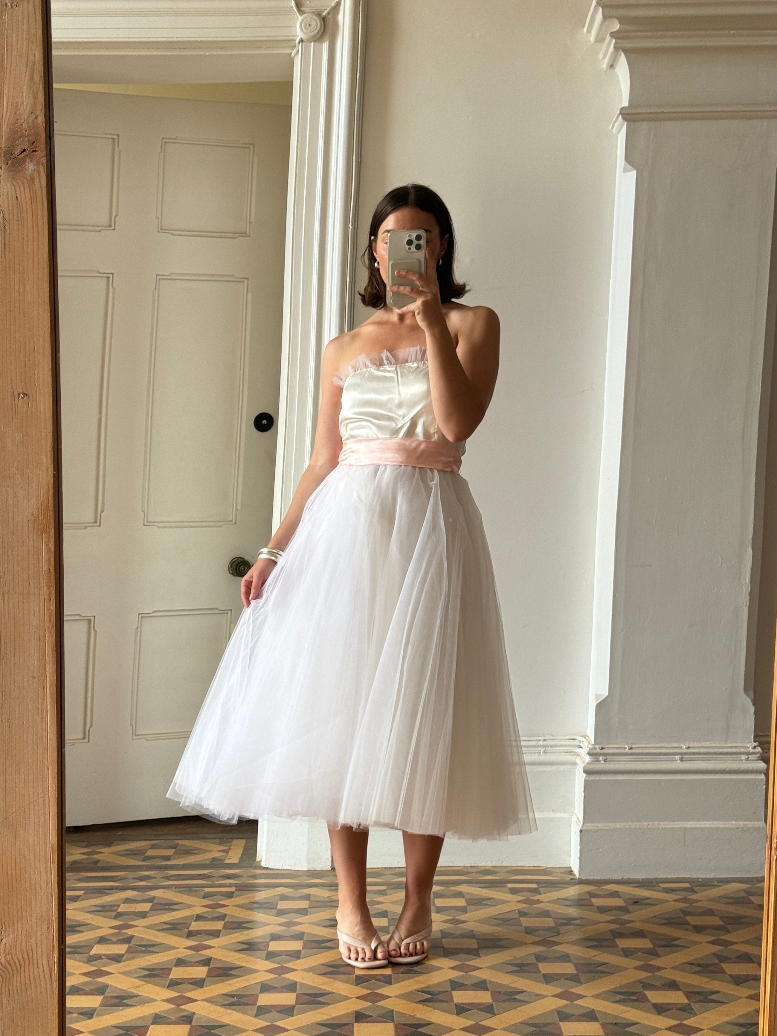 Vintage 80s Cupcake Tulle Dress With Salmon Waist Tie