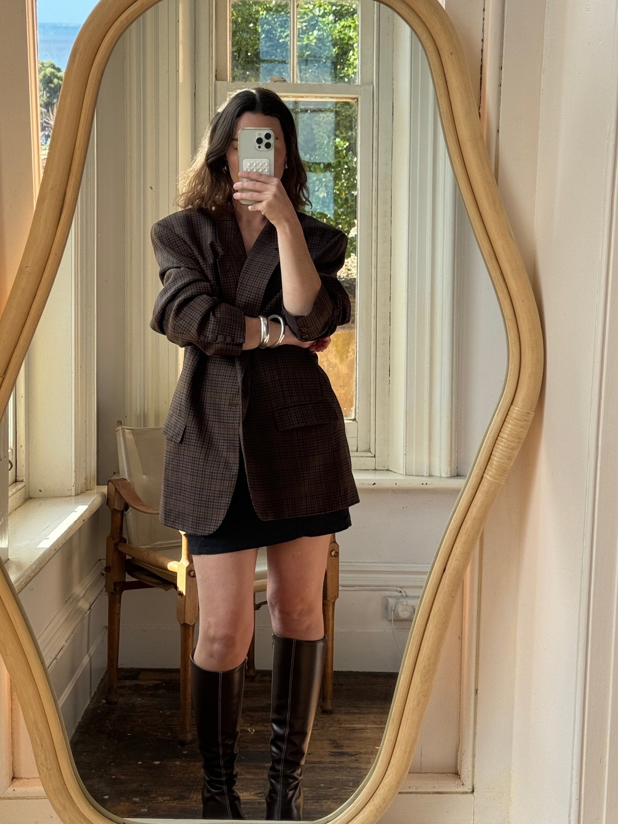 Vintage 90s Chocolate and Teal Plaid Tailored Blazer
