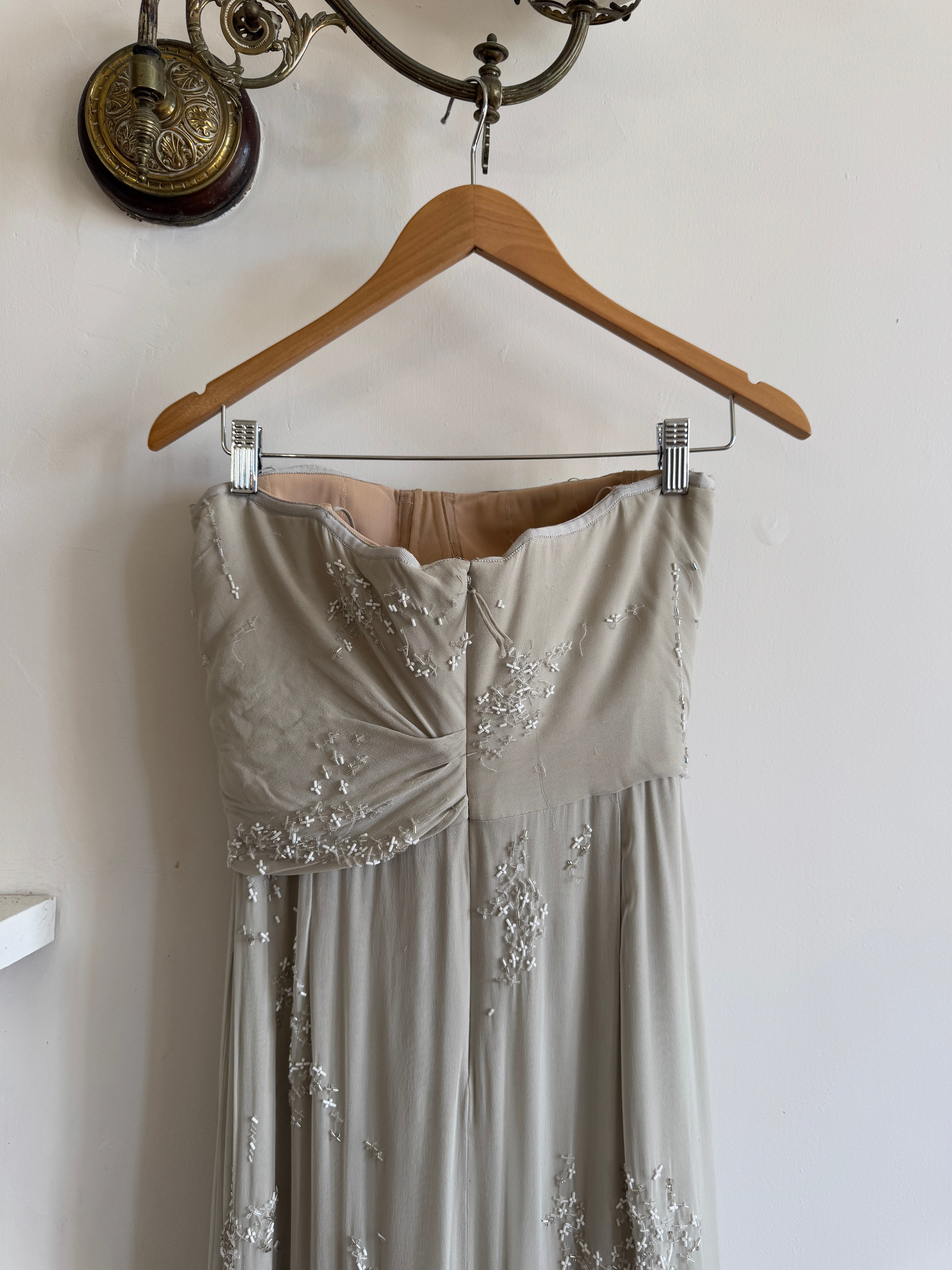 Archival Y2K J Mendel Pure Silk Beaded Wedding Dress Pale Grey