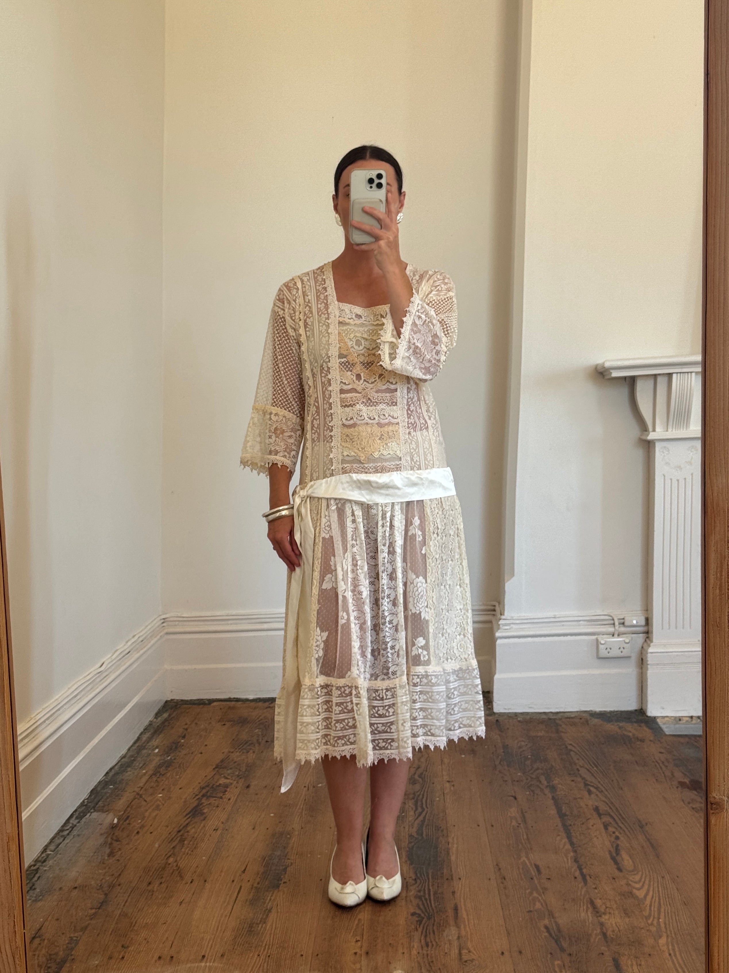 Vintage 80s Drop Waist Patchwork Lace Sheer Wedding Dress