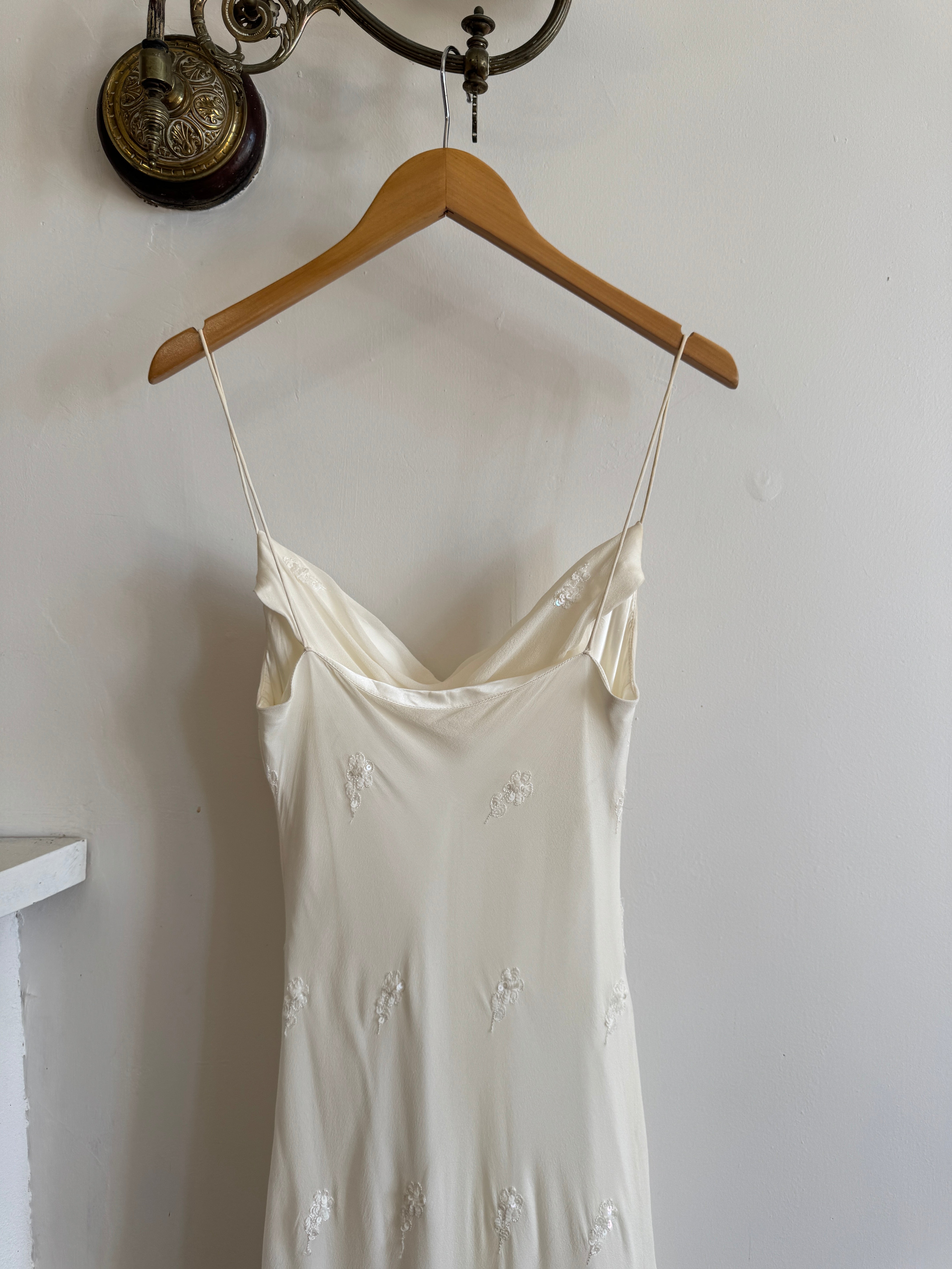 Vintage 90s Pure Silk Bias Cut Slip Embroidered Wedding Dress