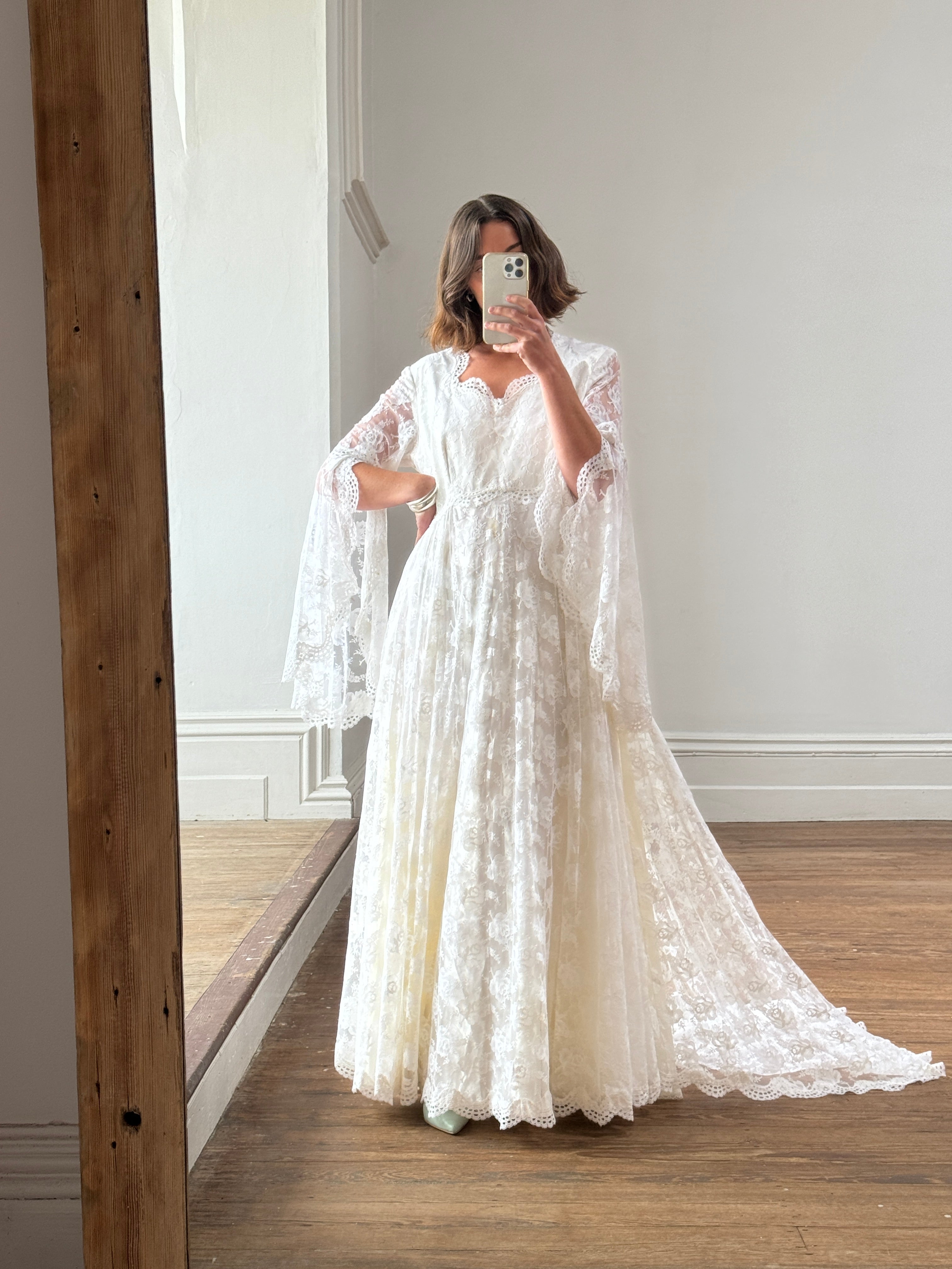 Vintage 70s Butterfly Lace Bridal Gown