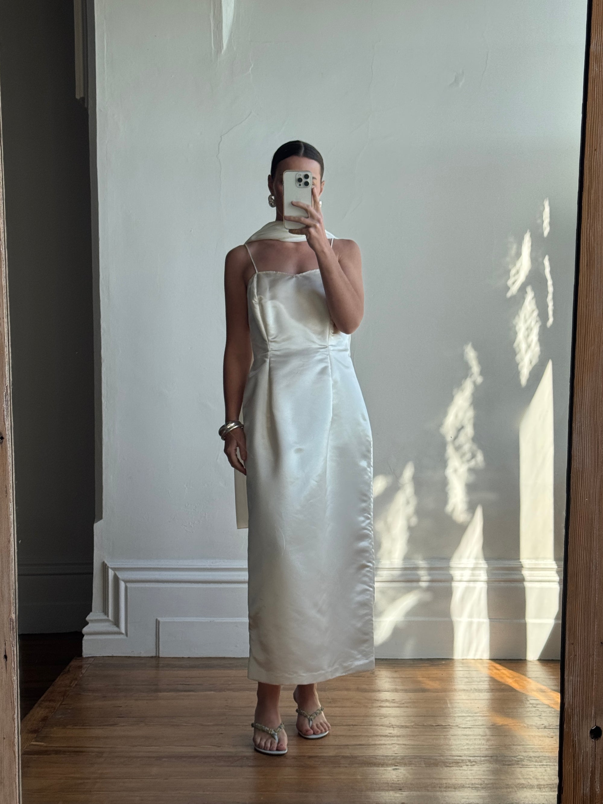 Vintage 90s Ivory Satin Column Midi with Rosette