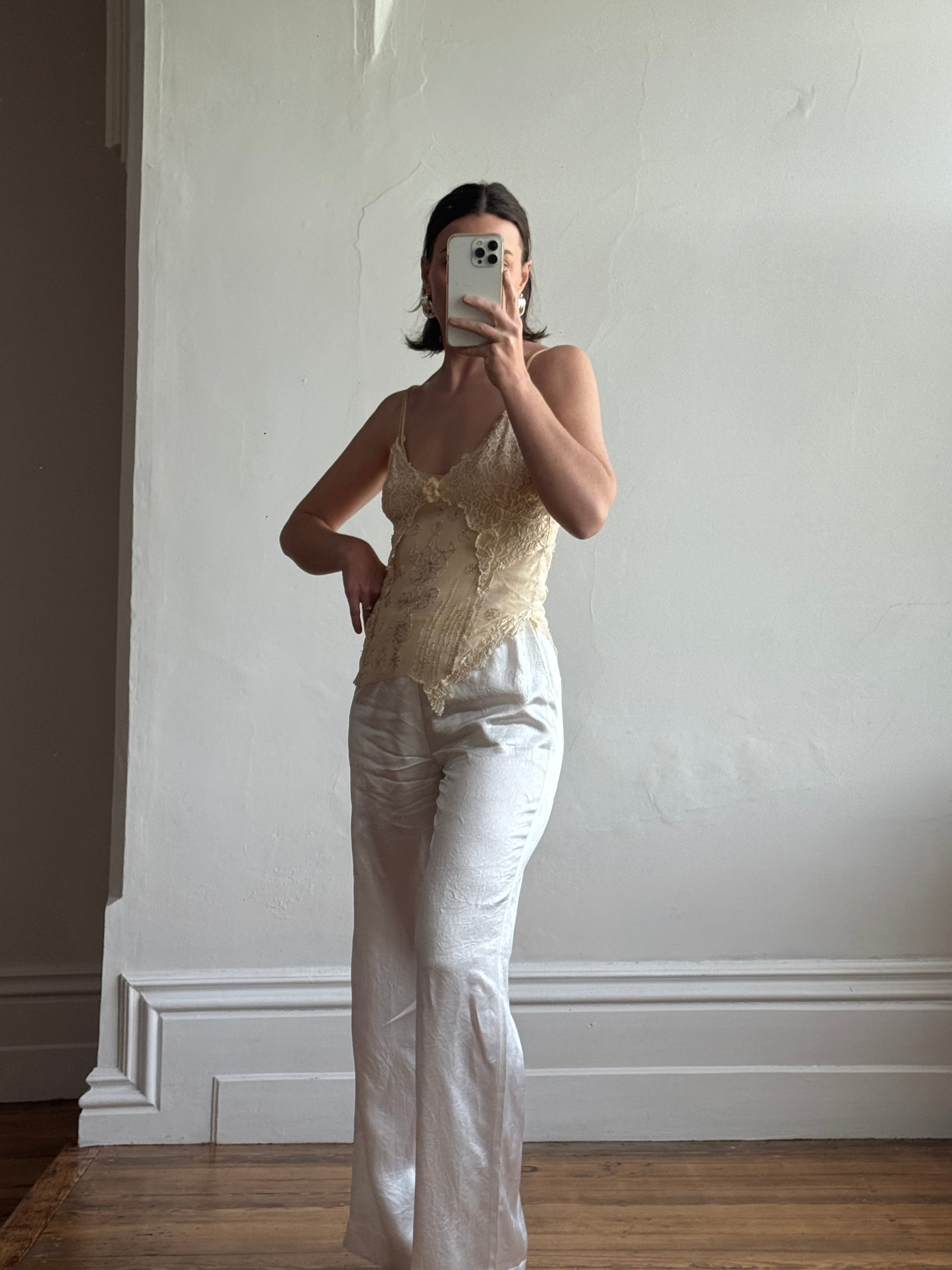 Vintage 90s DKNY Pure Silk Embroidered Camisole Creme
