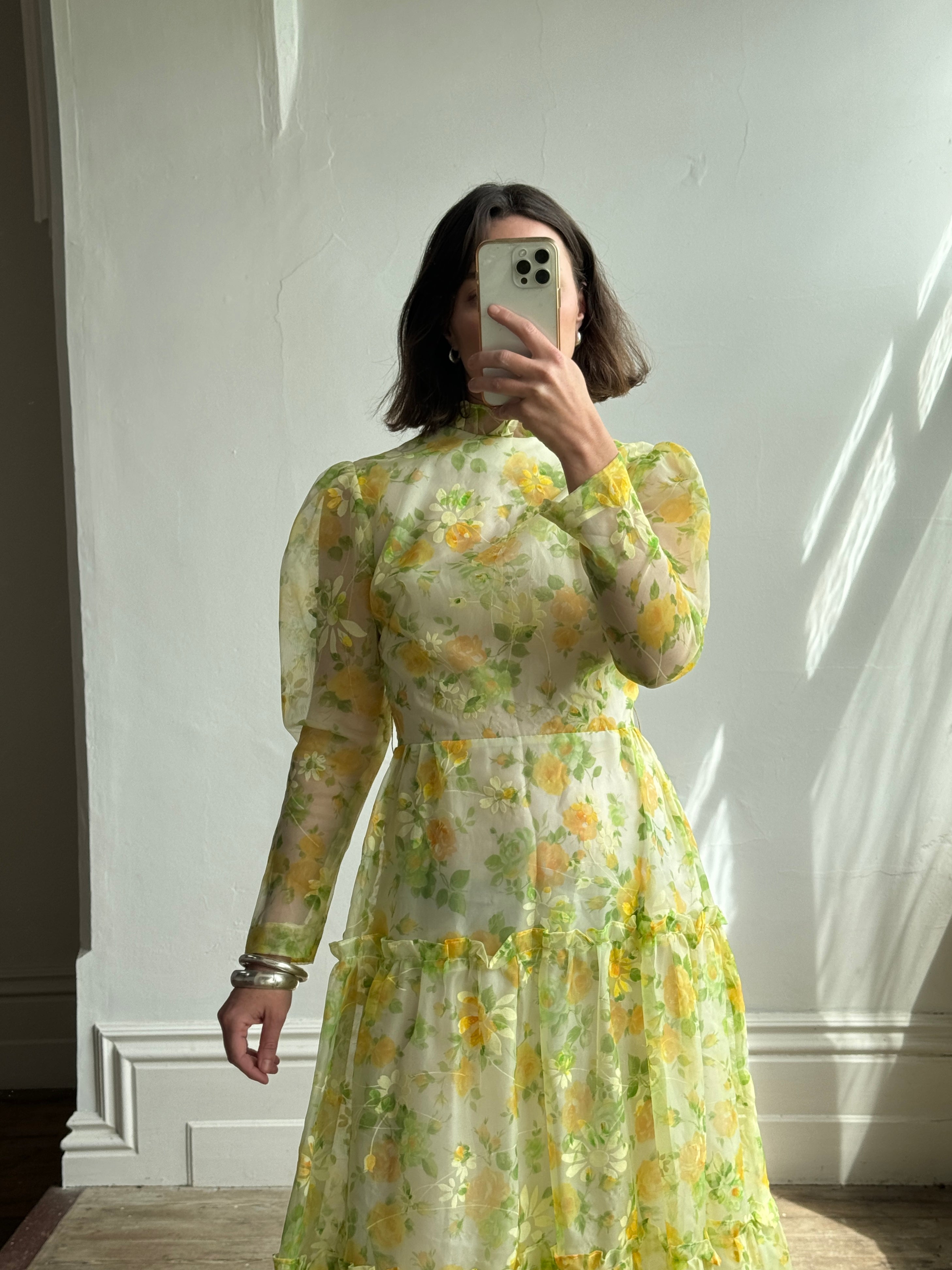 Vintage 70s Lemon Floral Tiered Maxi Dress