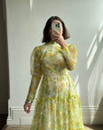 Vintage 70s Lemon Floral Tiered Maxi Dress