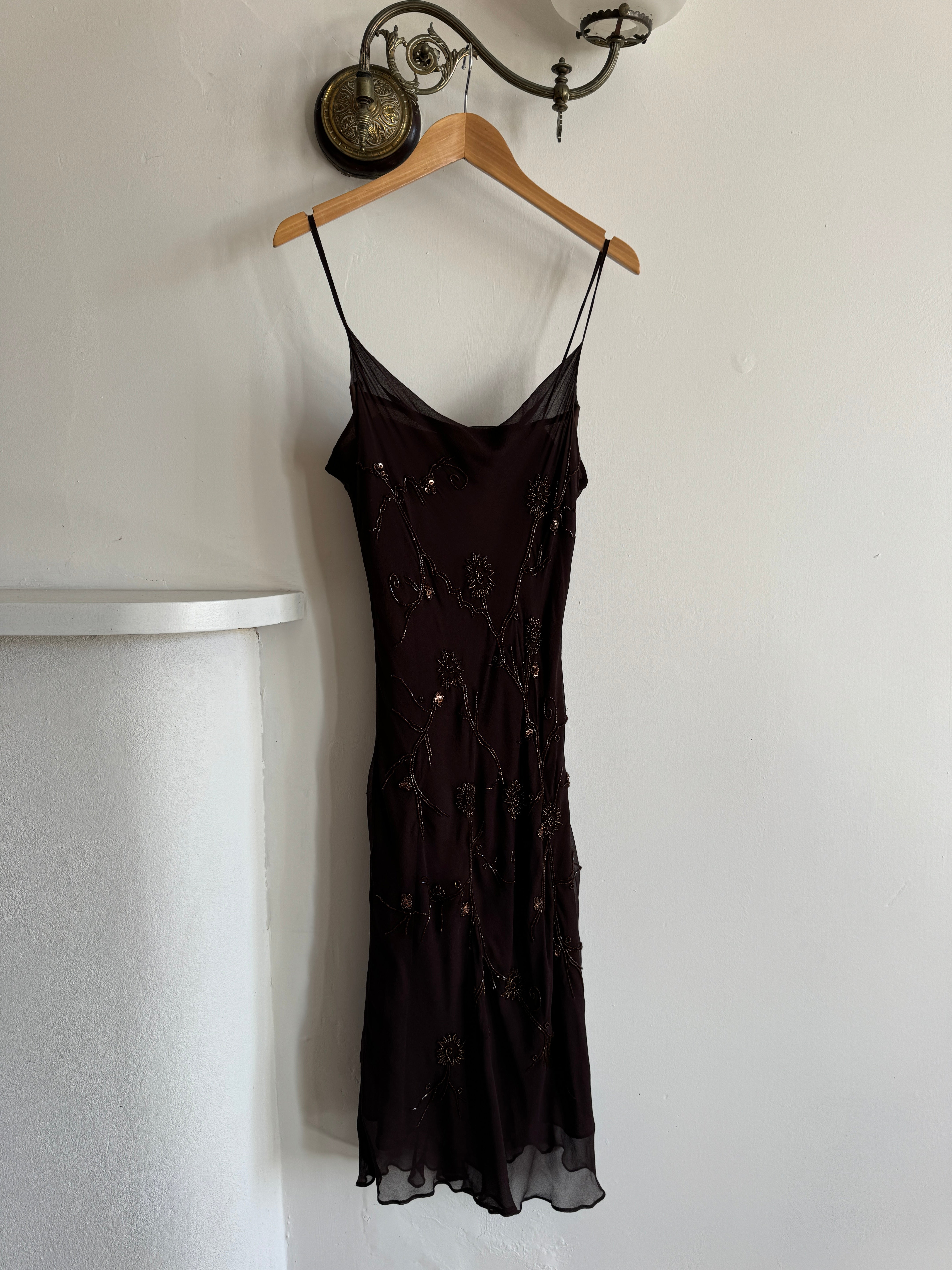 Vintage 90s Pure Silk Bias Cut Beaded Dress Brown