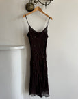 Vintage 90s Pure Silk Bias Cut Beaded Dress Brown