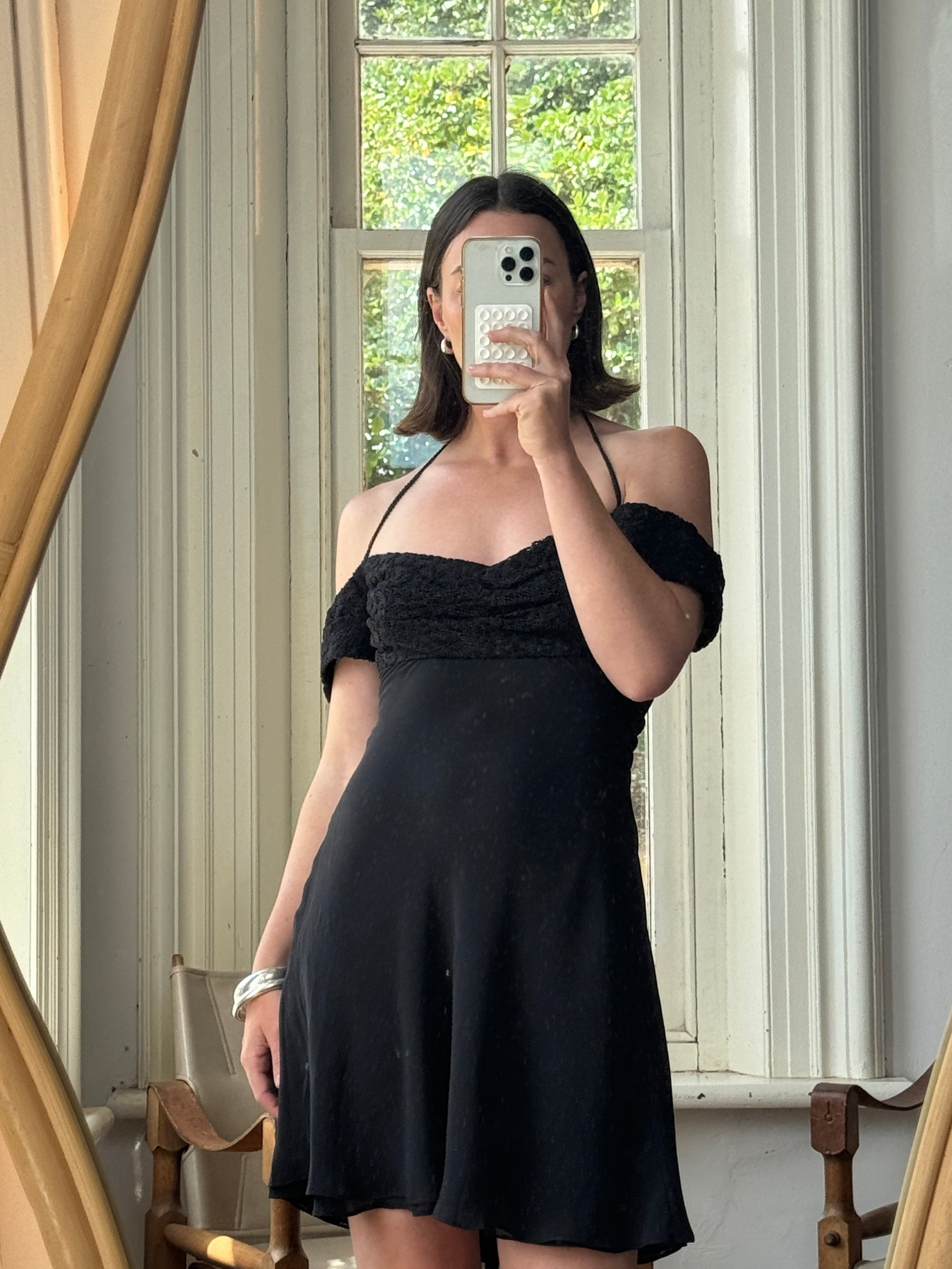 Vintage 90s Off Shoulder Mini Dress Noir