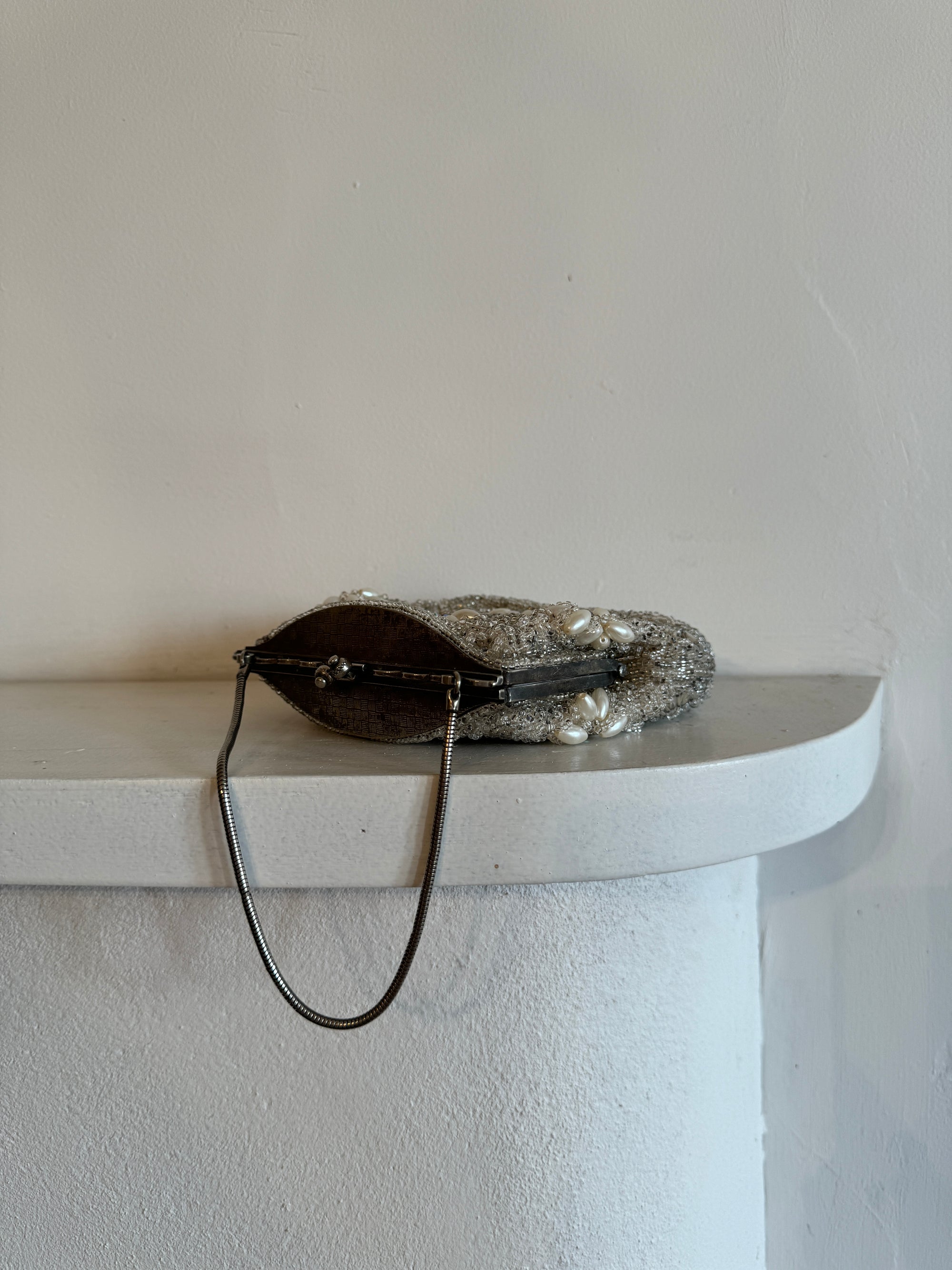 Vintage Silver Crystal and Pearl Beaded Evening Purse