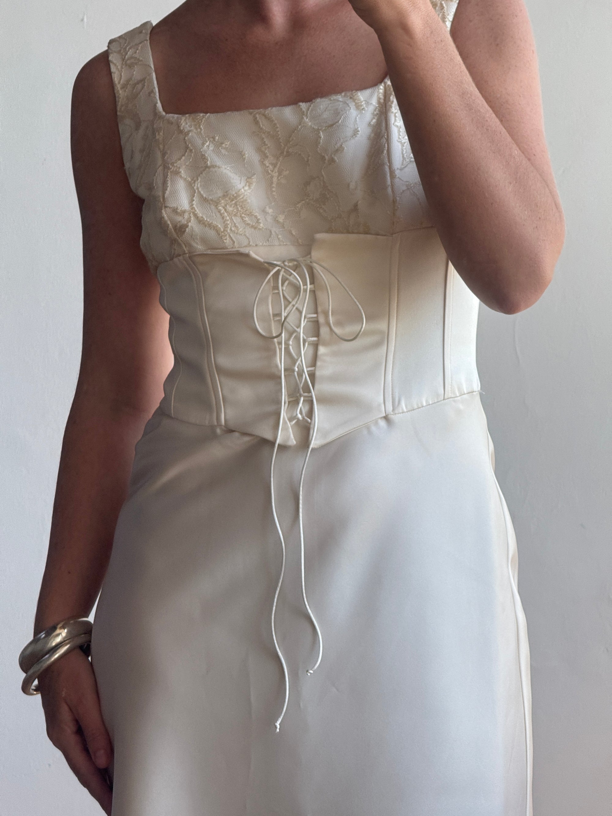 Vintage 90s Lace Up Waist Satin Column Wedding Dress