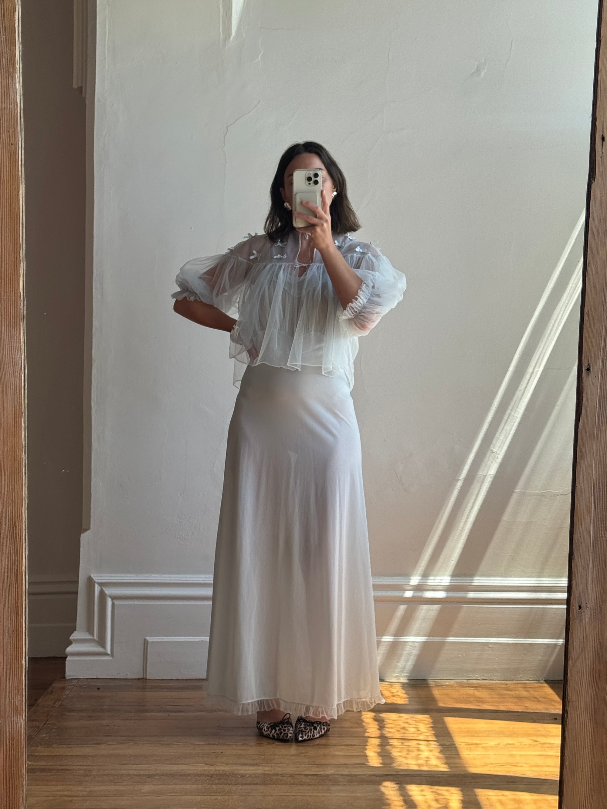 Vintage 50s Baby Blue Peignoir Slip and Jacket Set with Bows