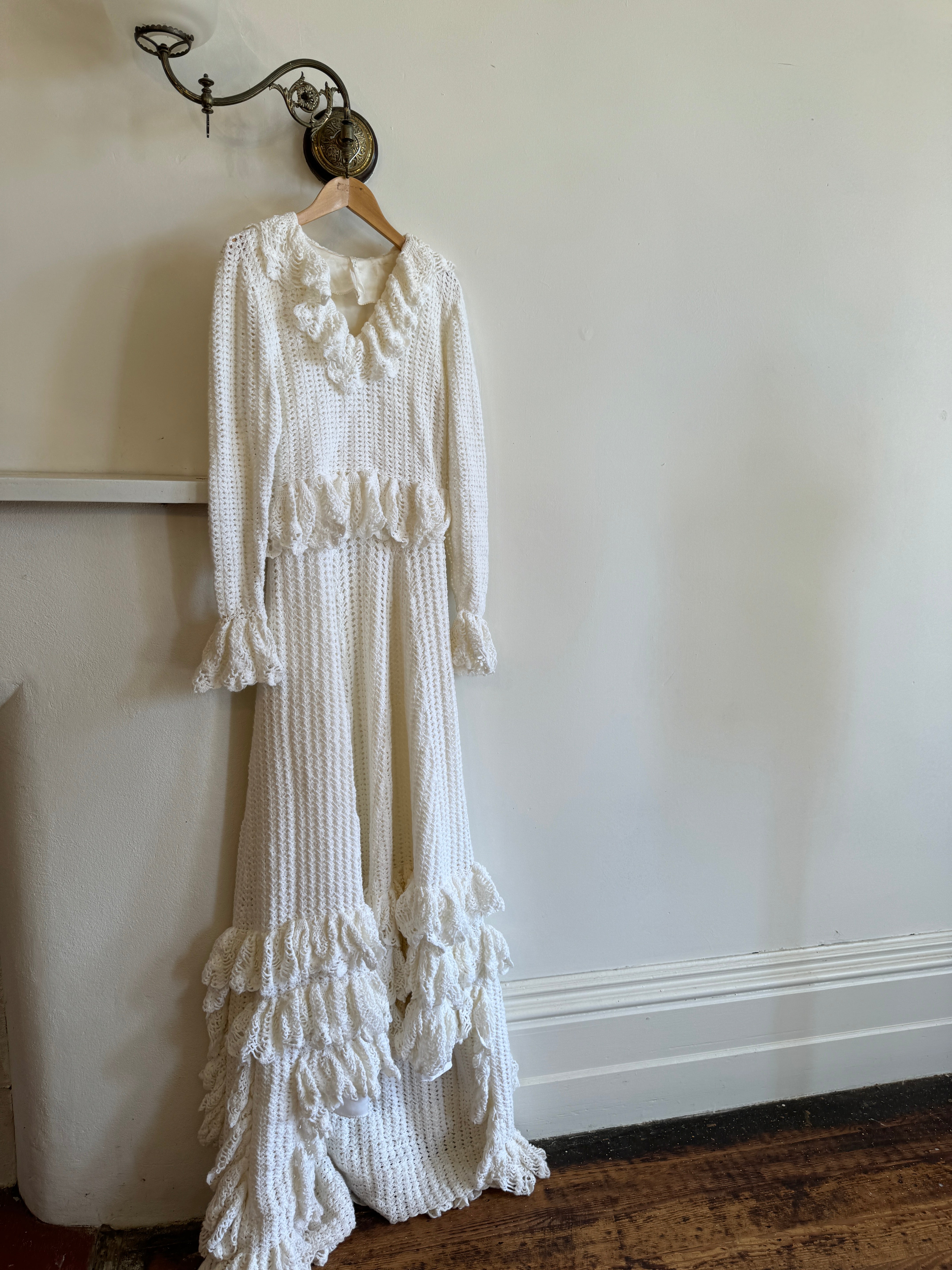 Vintage 1970s Crochet Ruffle Couture Wedding Gown
