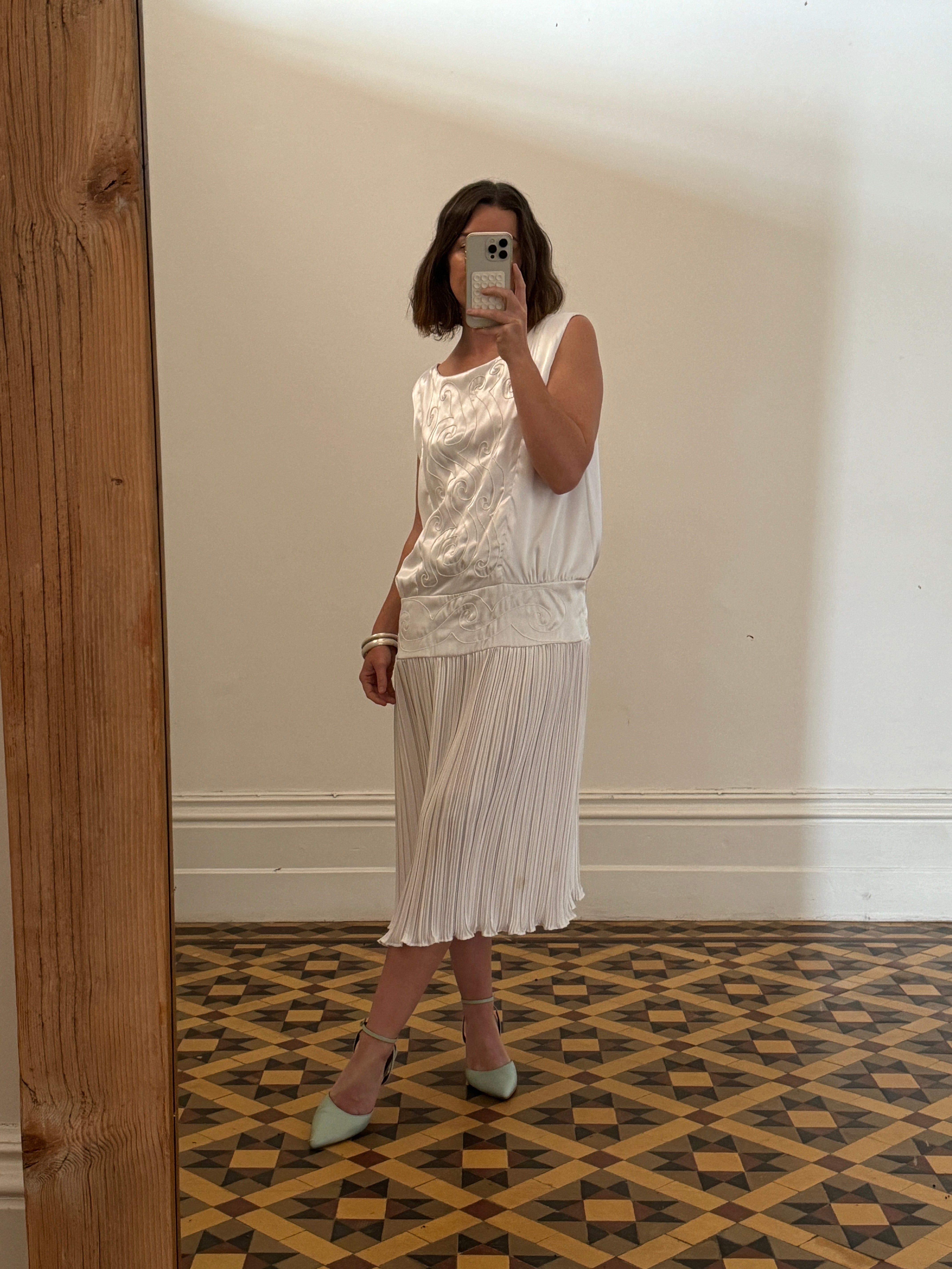 Vintage Embroidered White Satin Drop Waist Dress