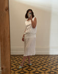 Vintage Embroidered White Satin Drop Waist Dress