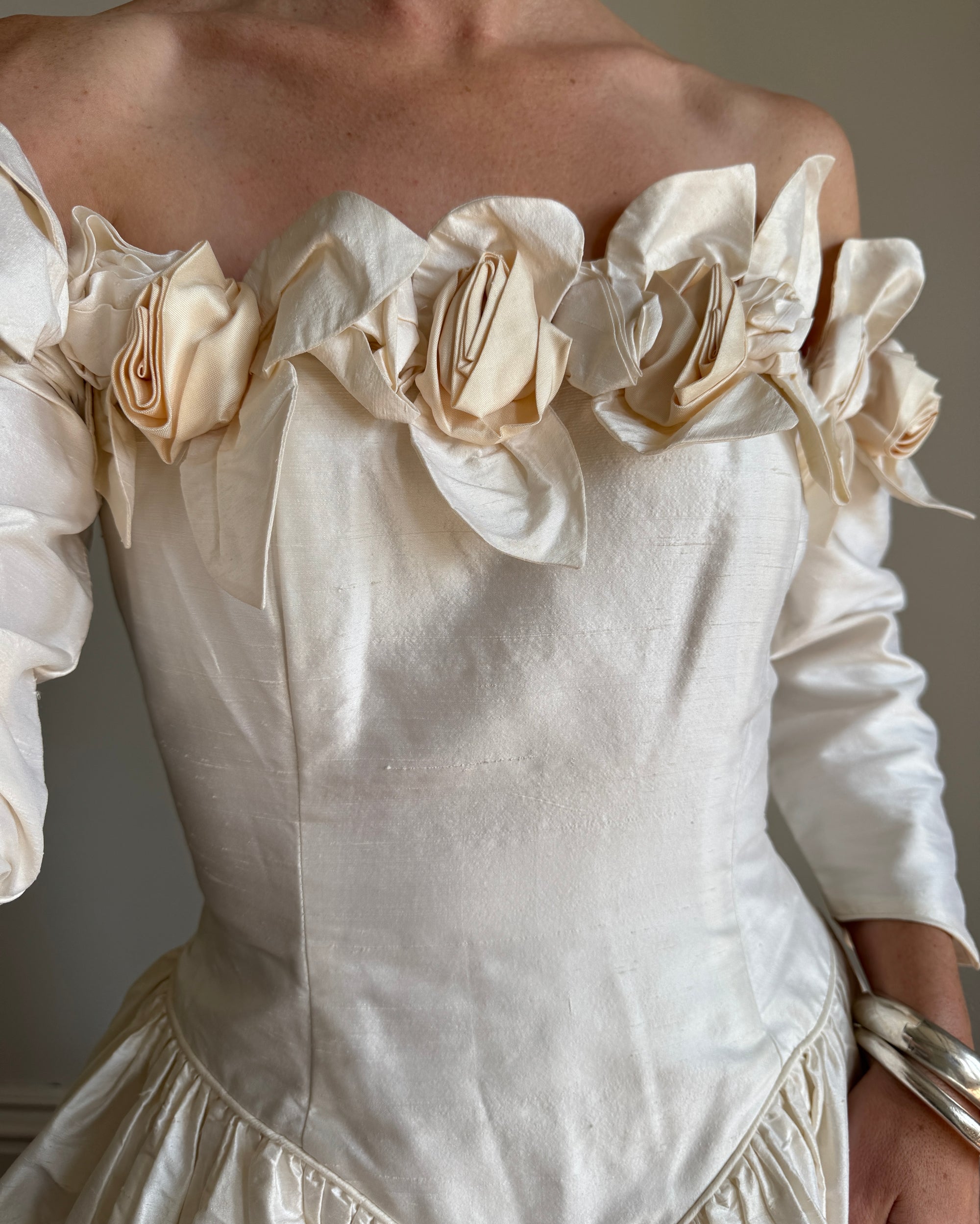 Vintage 80s Pure Silk Rosette Off Shoulder Gown