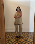 Vintage Beige Knit Vest and Pant Set with Contrast Stitch