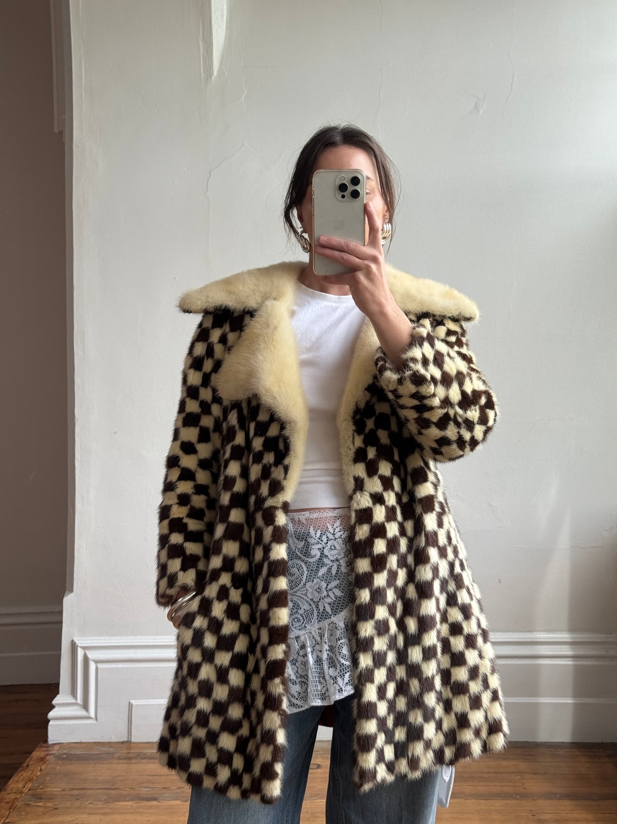 Vintage Rare 70s Mink Fur Checkerboard Coat