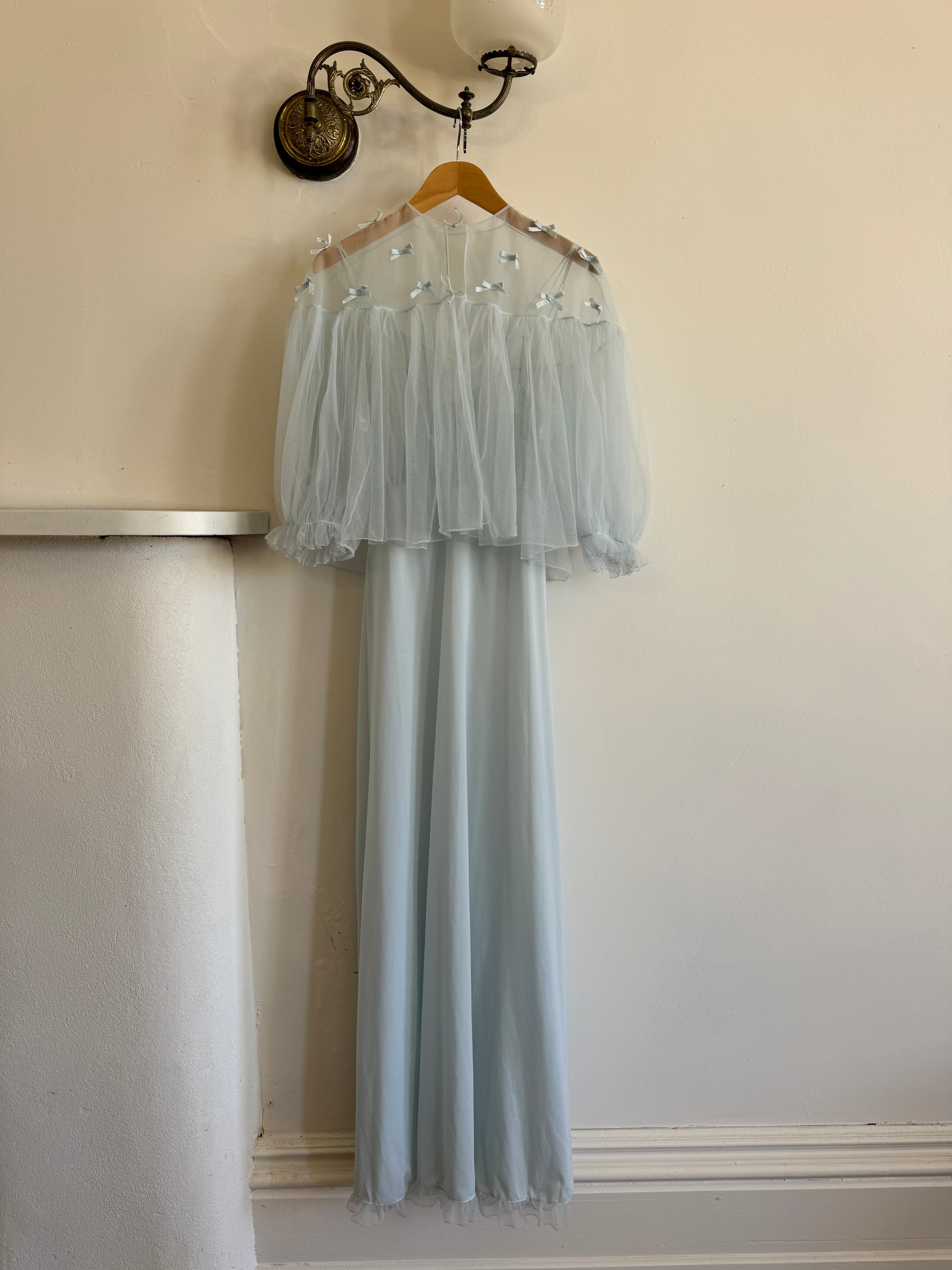 Vintage 50s Baby Blue Peignoir Slip and Jacket Set with Bows