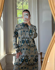 Vintage 70s Paisley Tapestry Long Sleeved Maxi Dress Blue