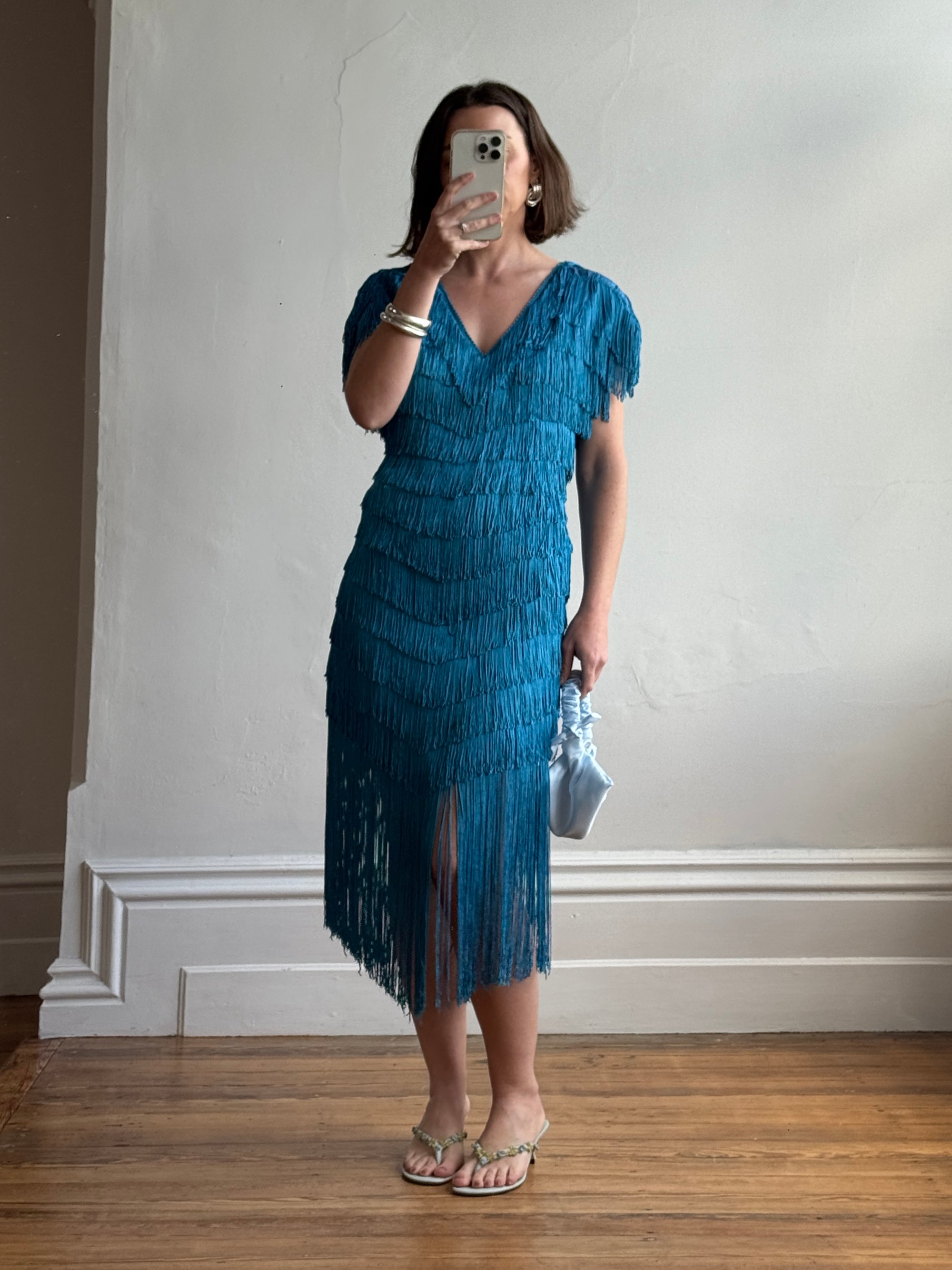 Vintage 80s Fringe Party Dress Ocean Blue