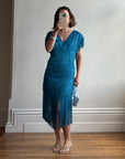 Vintage 80s Fringe Party Dress Ocean Blue