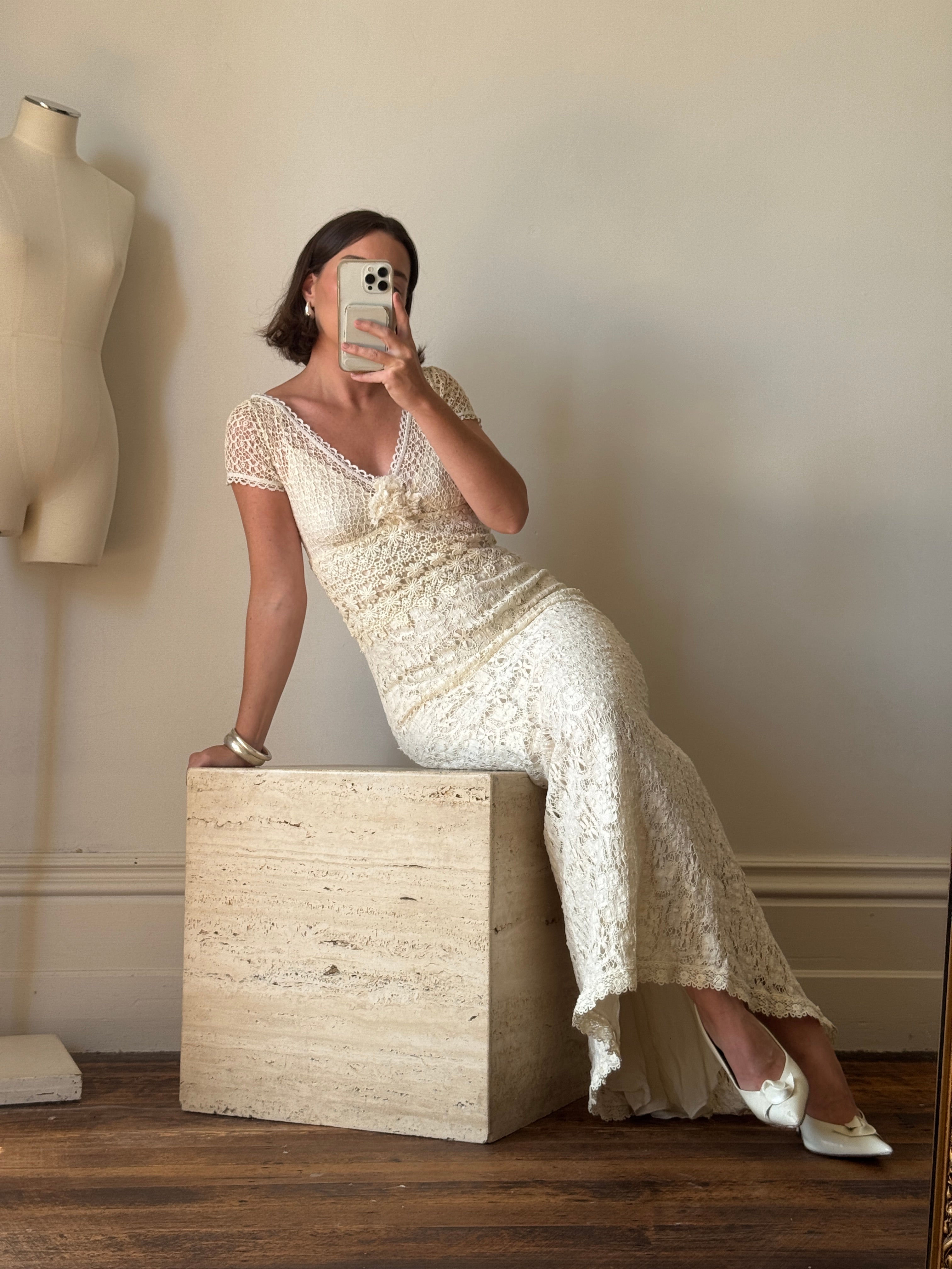 Vintage Y2K Designer Pure Silk and Cotton Crochet Wedding Dress
