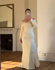 Vintage 90s Silk Rosette Off Shoulder Gown With Bow Train