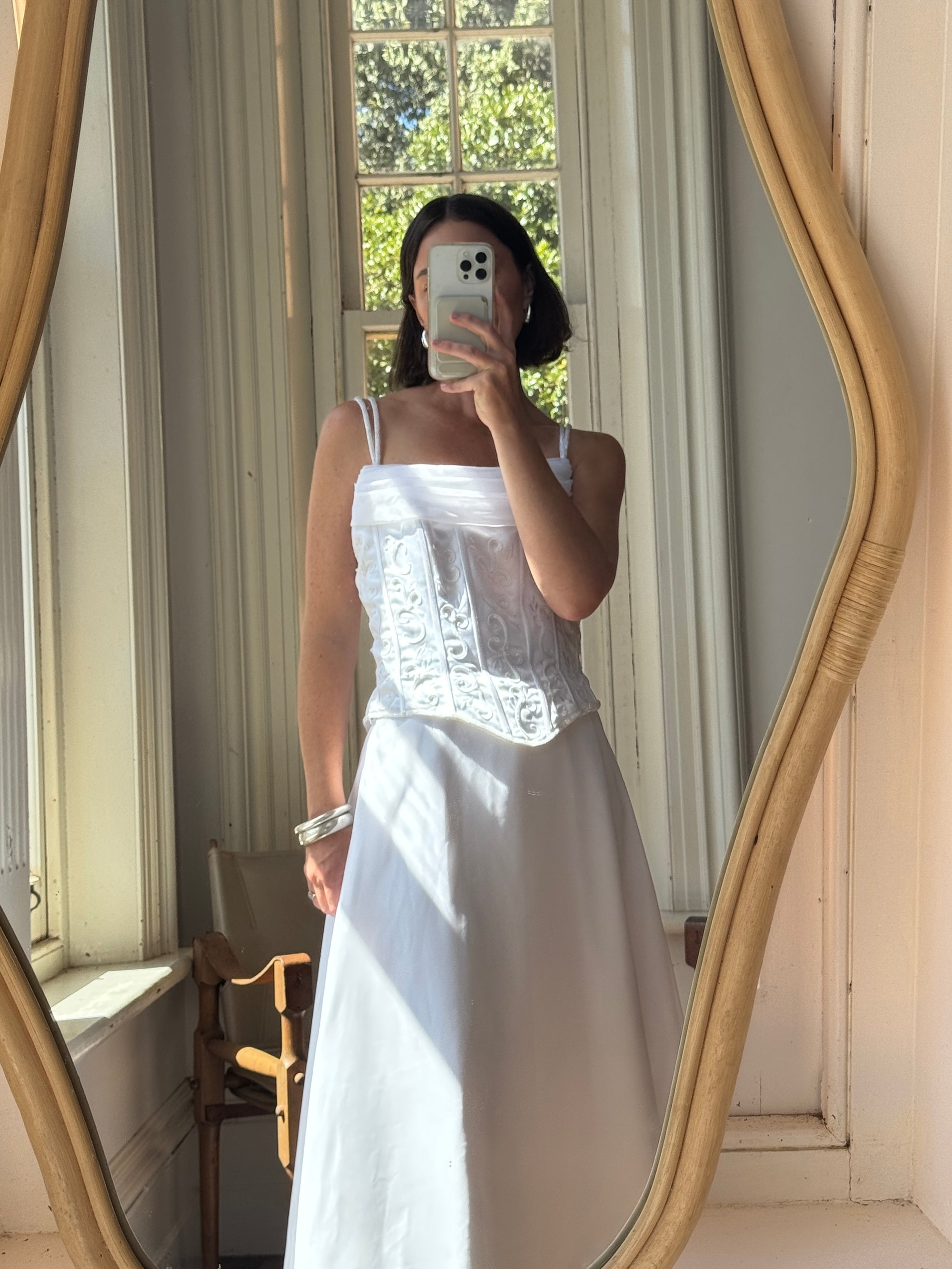 Vintage 90s Embroidered Corset Cowl Neck Wedding Dress