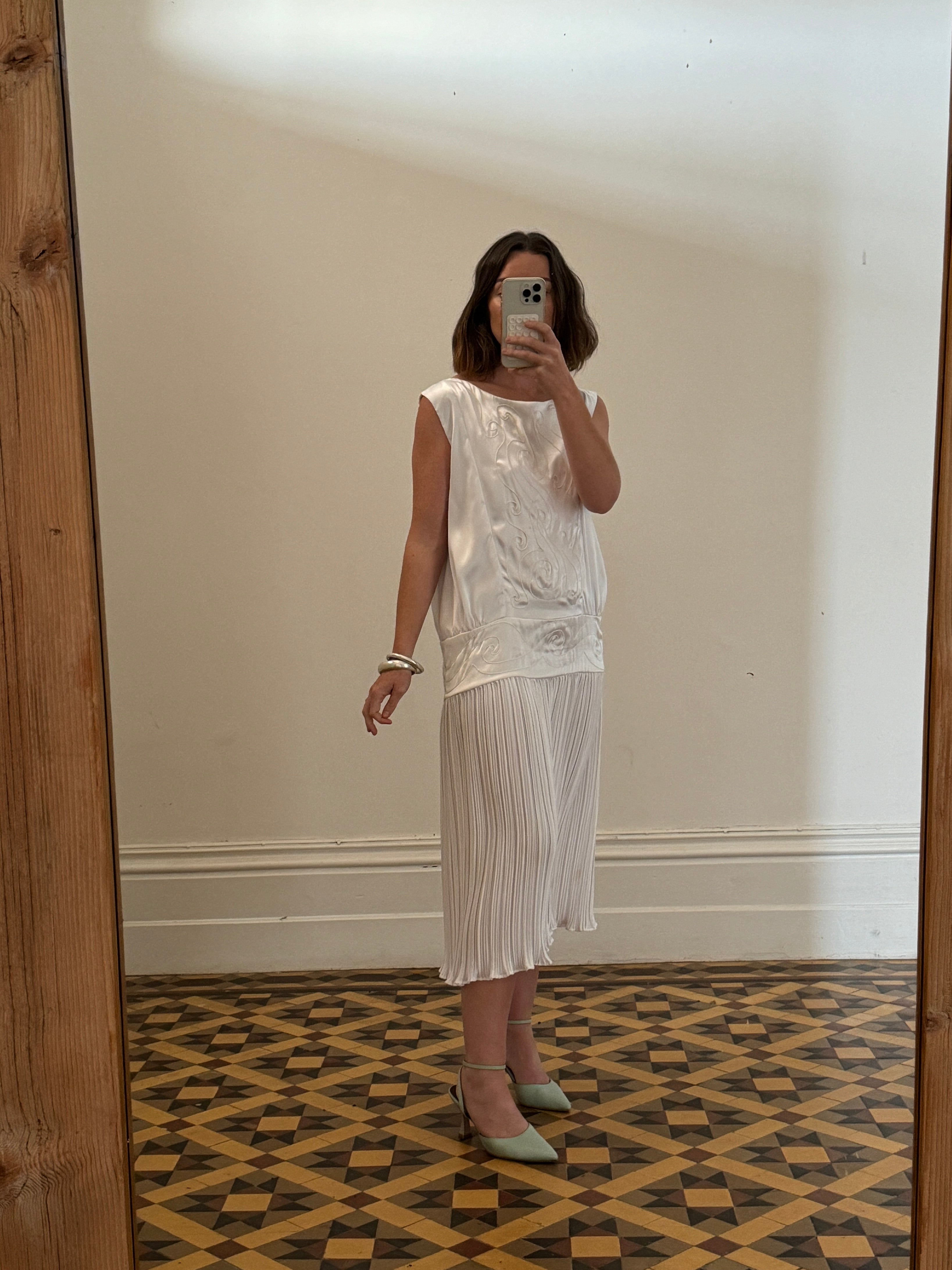 Vintage Embroidered White Satin Drop Waist Dress