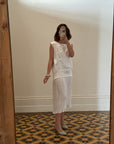 Vintage Embroidered White Satin Drop Waist Dress
