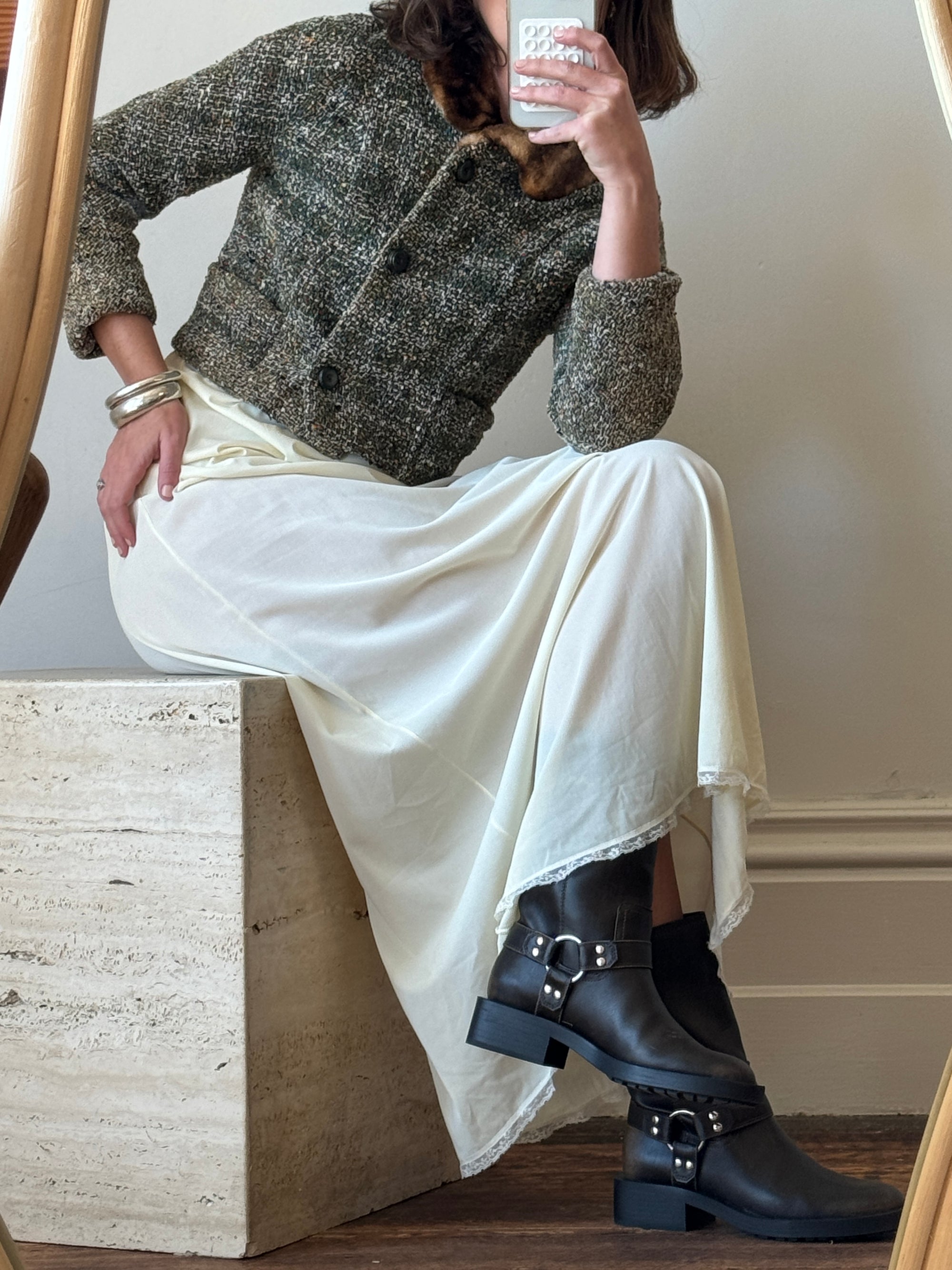 Vintage Olive Tweed Cropped Coat with Faux Fur Collar