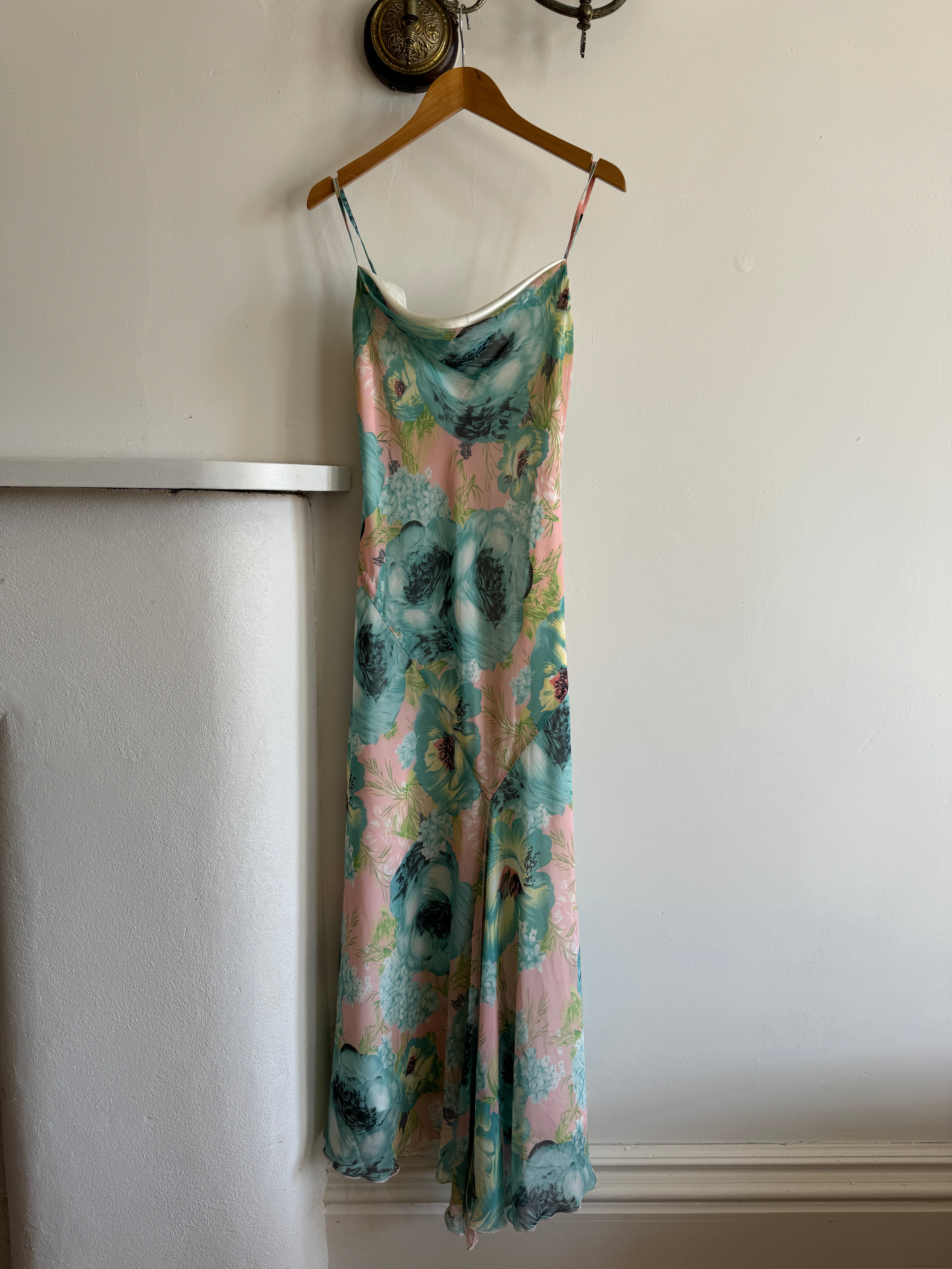 Vintage 90s Peach and Aqua Floral Bias Slip Dress