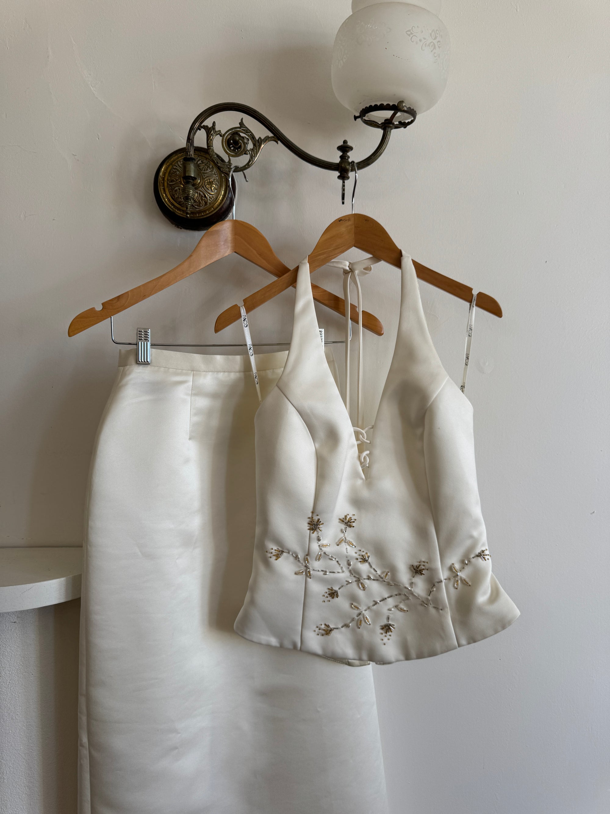 Vintage 90s Halter Two Piece Embellished Satin Wedding Set