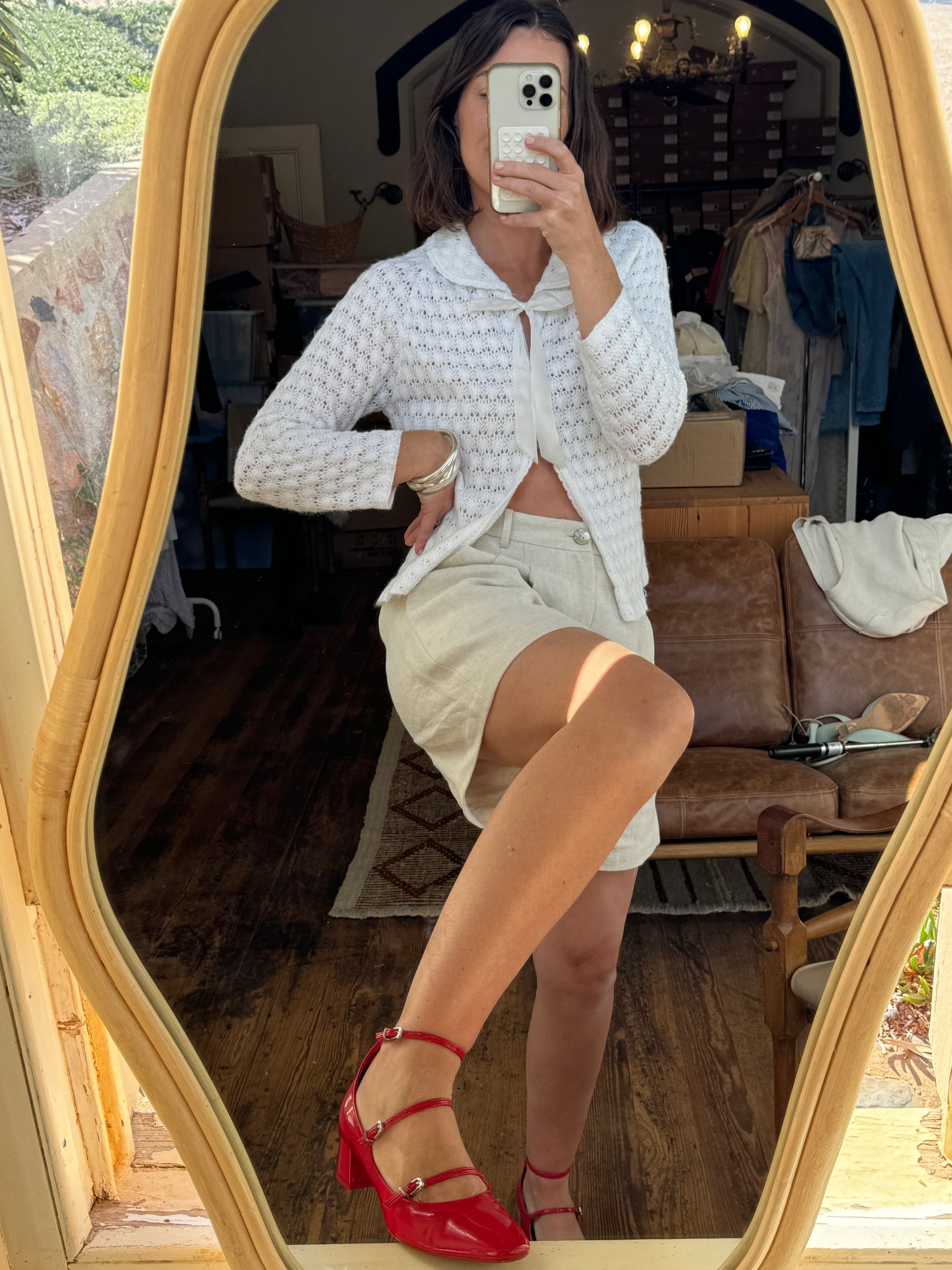Vintage Knit Tie Up Cardi White