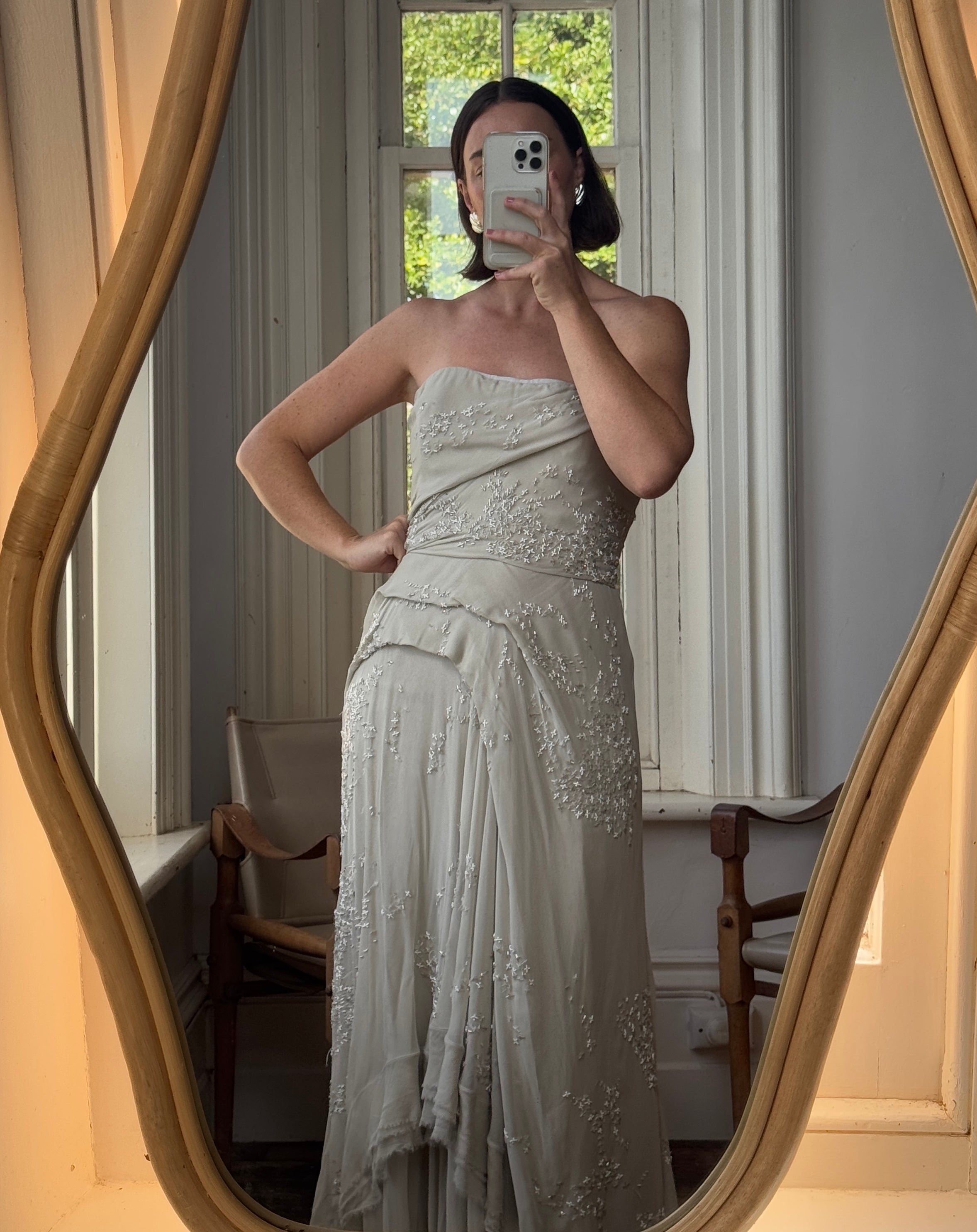 Archival Y2K J Mendel Pure Silk Beaded Wedding Dress Pale Grey