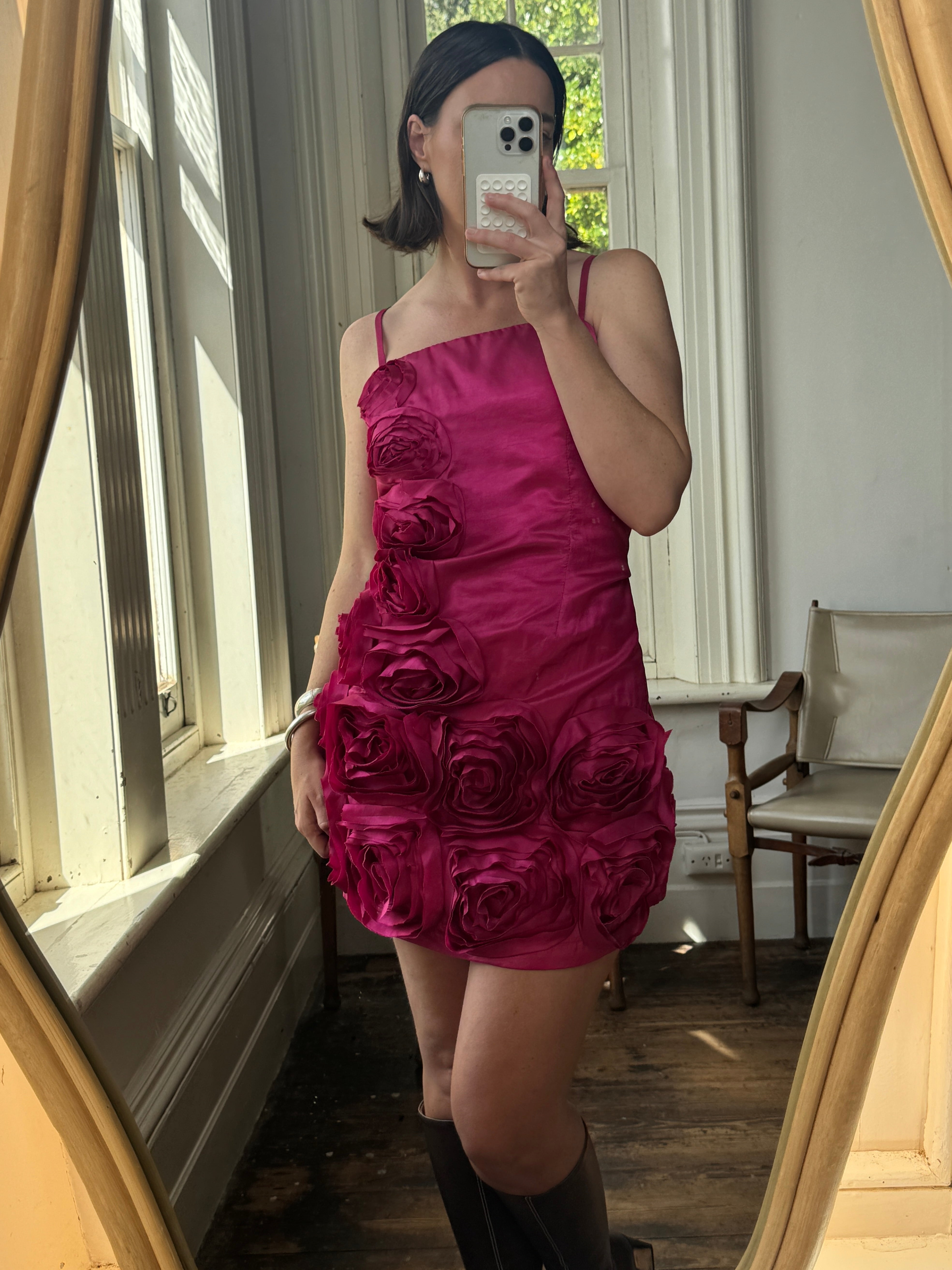 Vintage 80s Australian Made Rosette Mini Dress Fuchsia