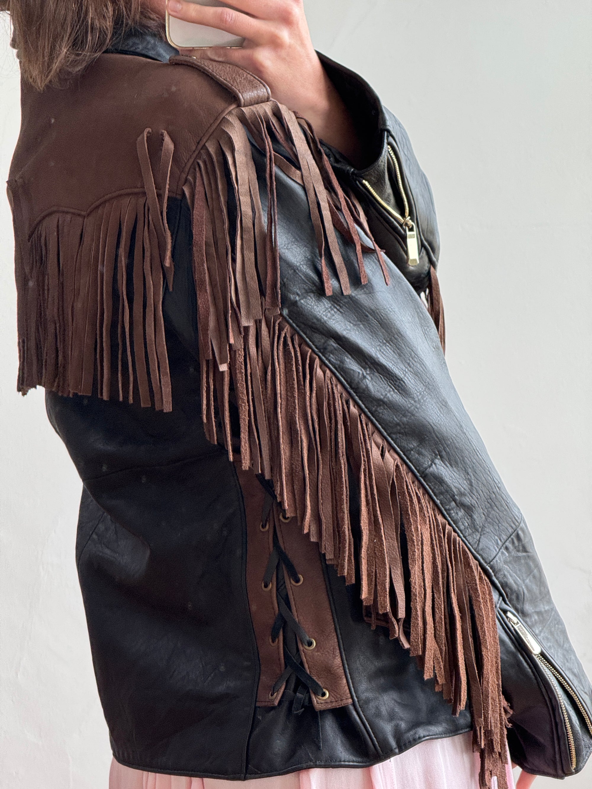 Vintage 70s Fringed Lace Up Leather Jacket Chocolate Noir
