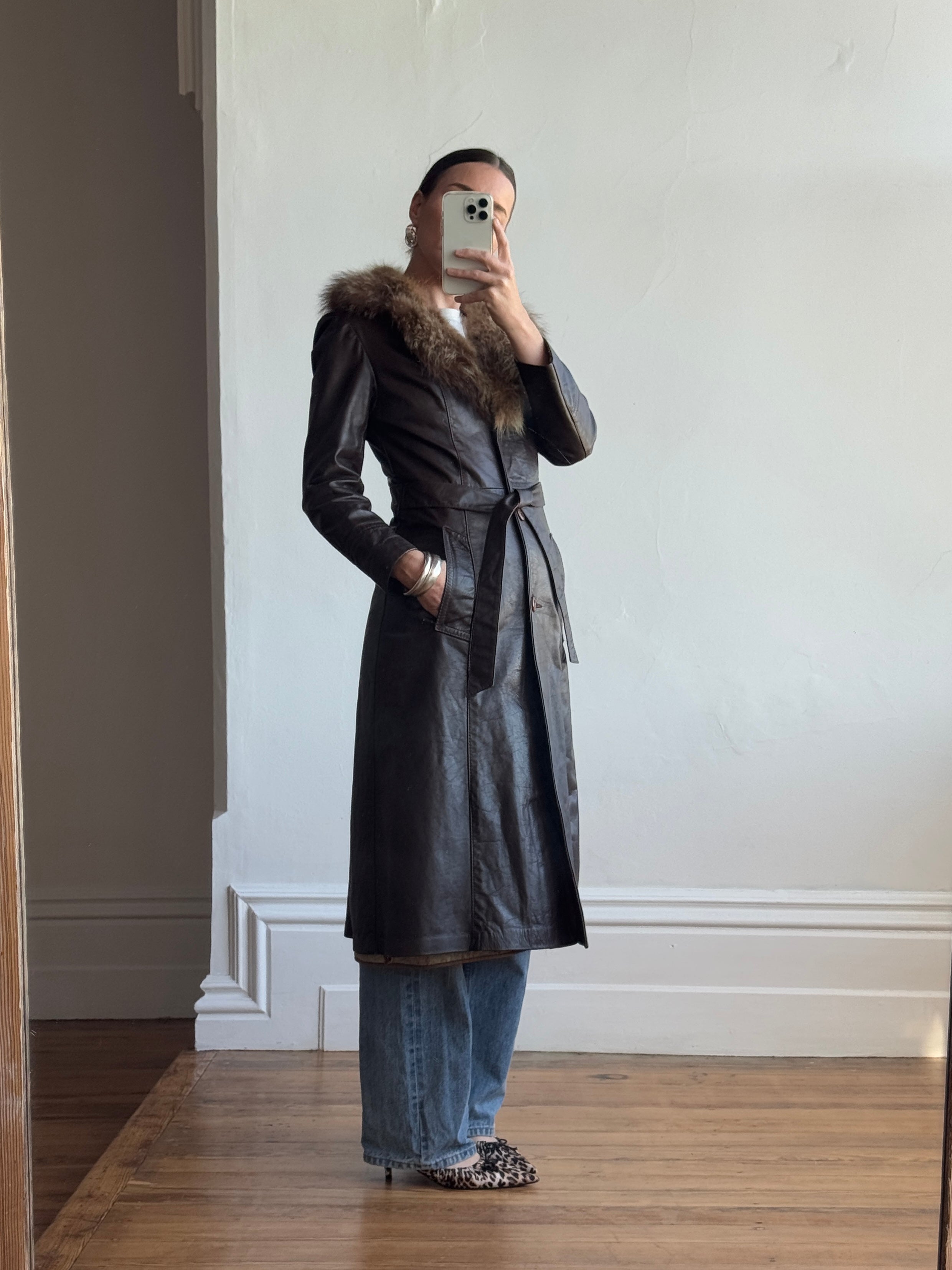 Vintage 70s Chocolate Leather Trench Coat with Fur Collar