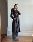 Vintage 70s Chocolate Leather Trench Coat with Fur Collar
